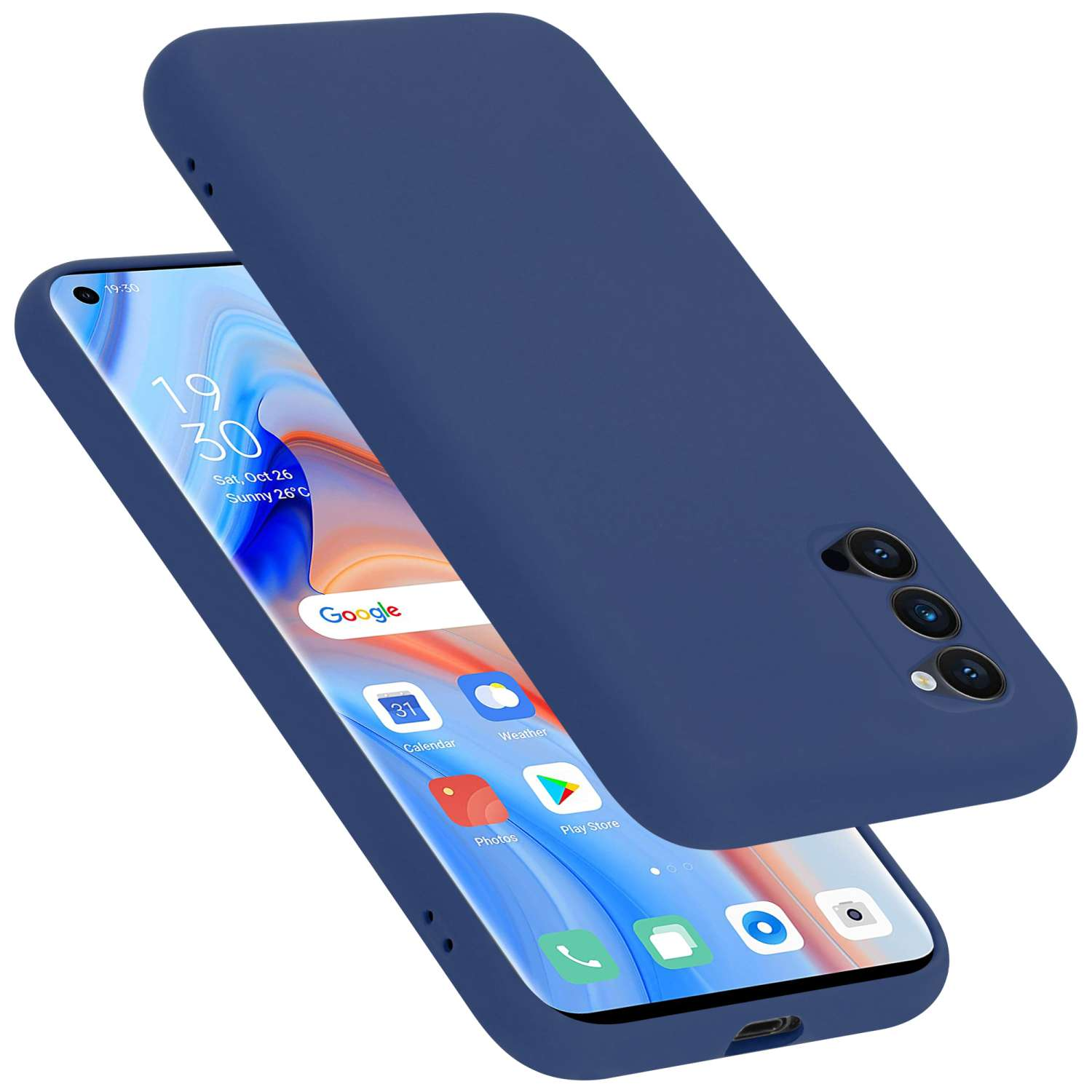 Blaue Handyhülle und ein Telefon. Telefon zeigt Google- und App-Symbole und Kalender.