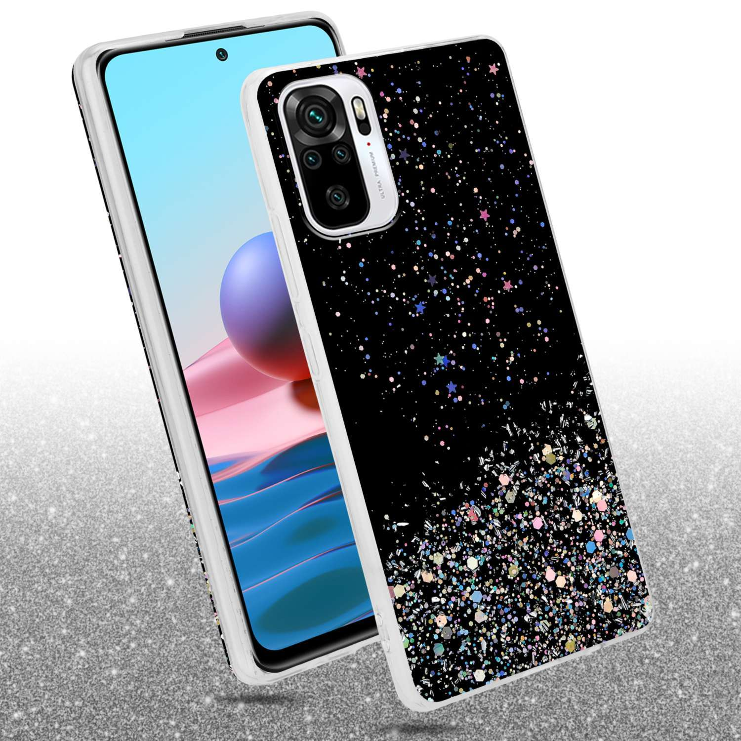 Custodia per telefono nera con dettagli glitterati. Il telefono è dietro. La custodia ha stelle e glitter.