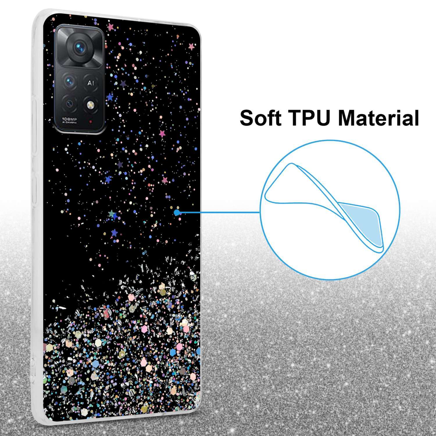 Custodia nera con glitter e stelle. Viene mostrato il materiale TPU morbido.