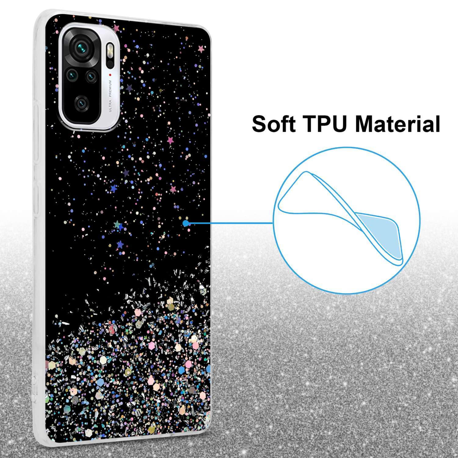 Custodia per telefono nera con design glitterato e testo 'Soft TPU Material'.
