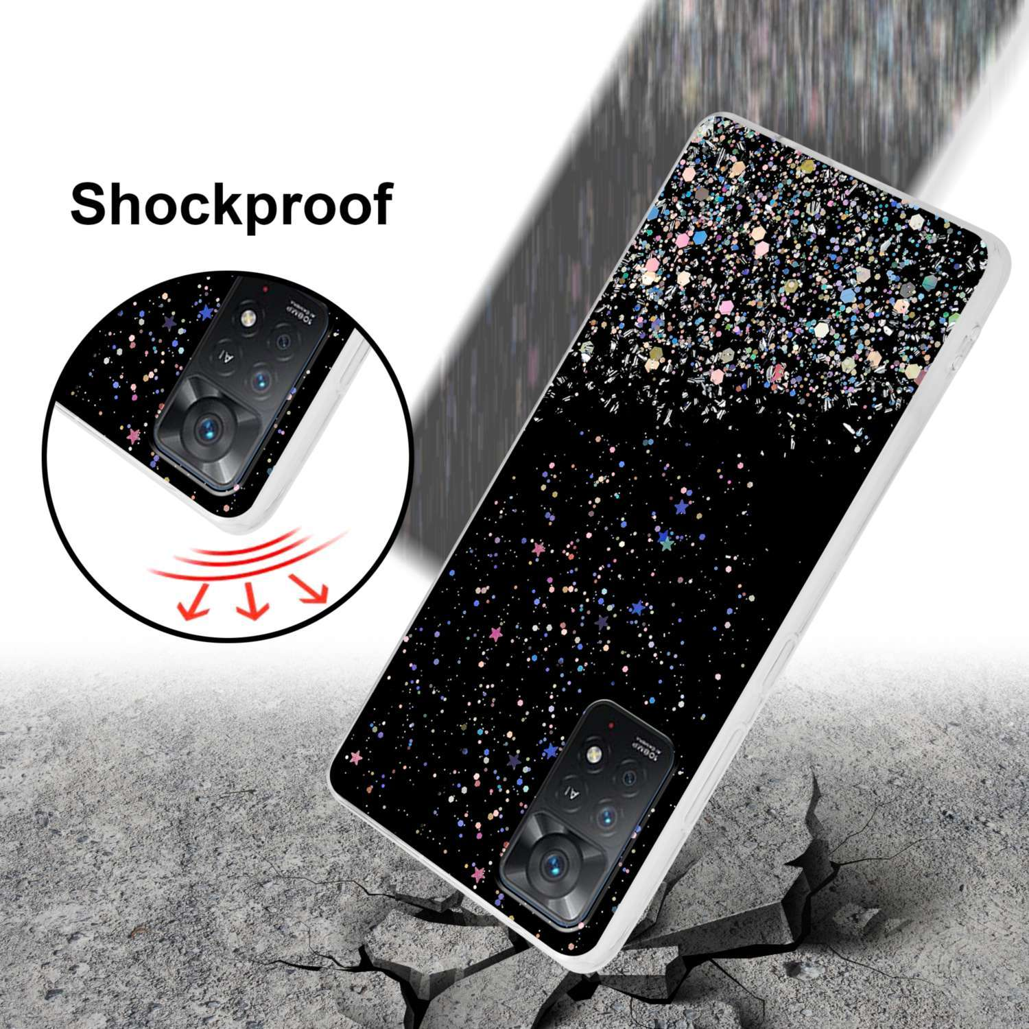 Una custodia per telefono con un design glitterato nero. La custodia è mostrata angolata, con crepe nel terreno.