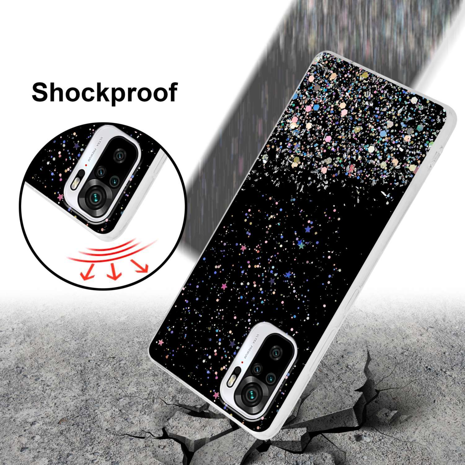 Custodia nera con design glitterato su superficie grigia incrinata. Frecce verso il basso.