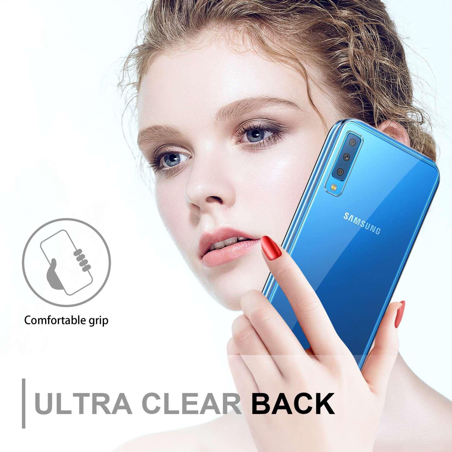 Donna che tiene in mano un telefono blu. Il telefono ha un retro trasparente. Il testo dice retro ultra trasparente e presa comoda.
