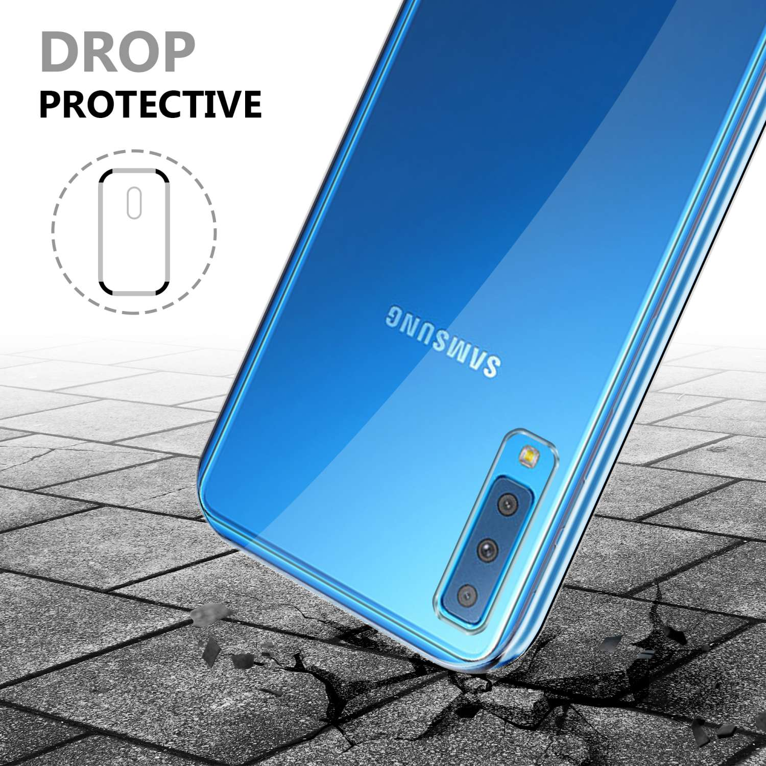 Un telefono blu con custodia protettiva che cade su una superficie di piastrelle incrinate, con il testo 'Protezione dalle cadute'.