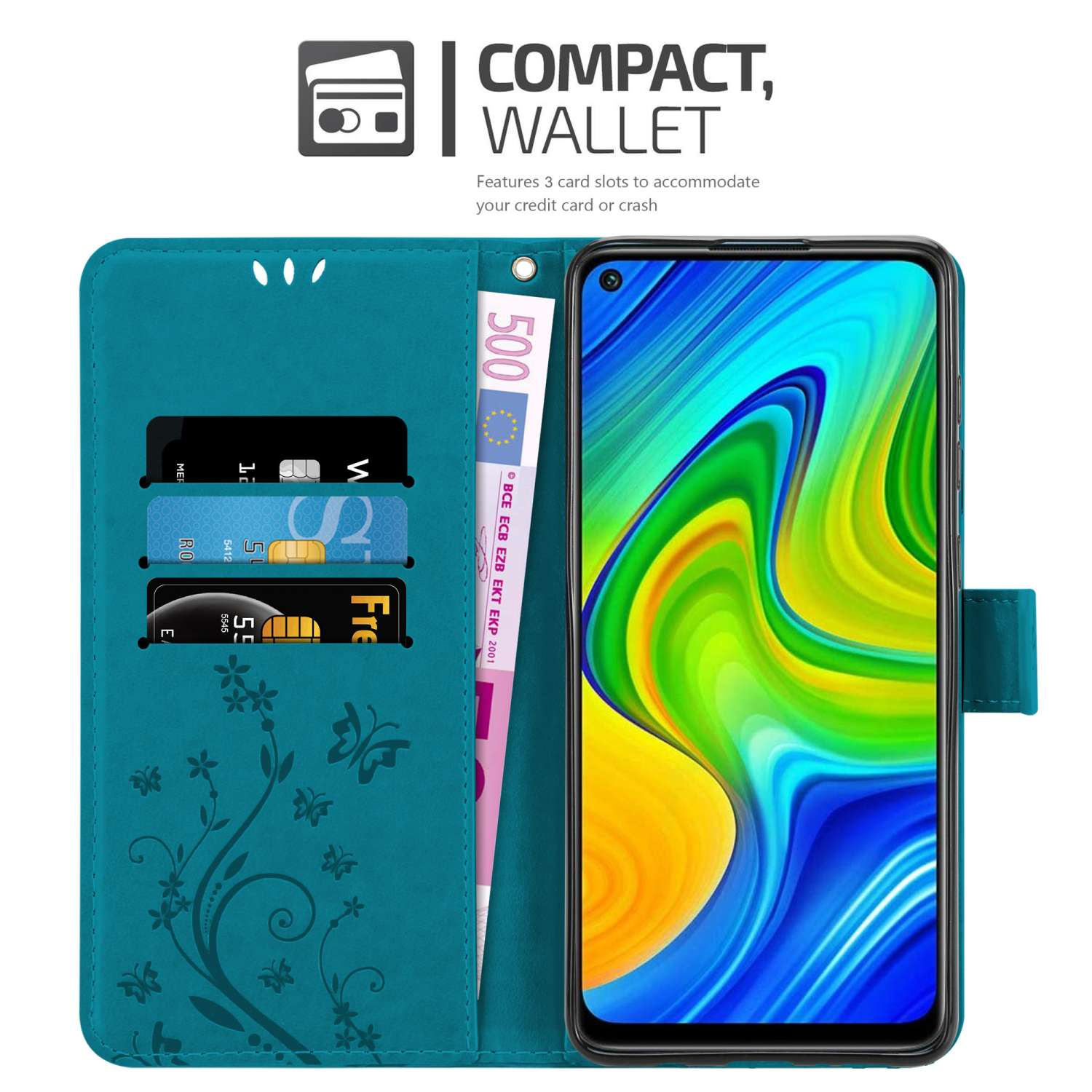 Un portafoglio per telefono turchese con slot per carte, un design floreale e una banconota da 500 euro.