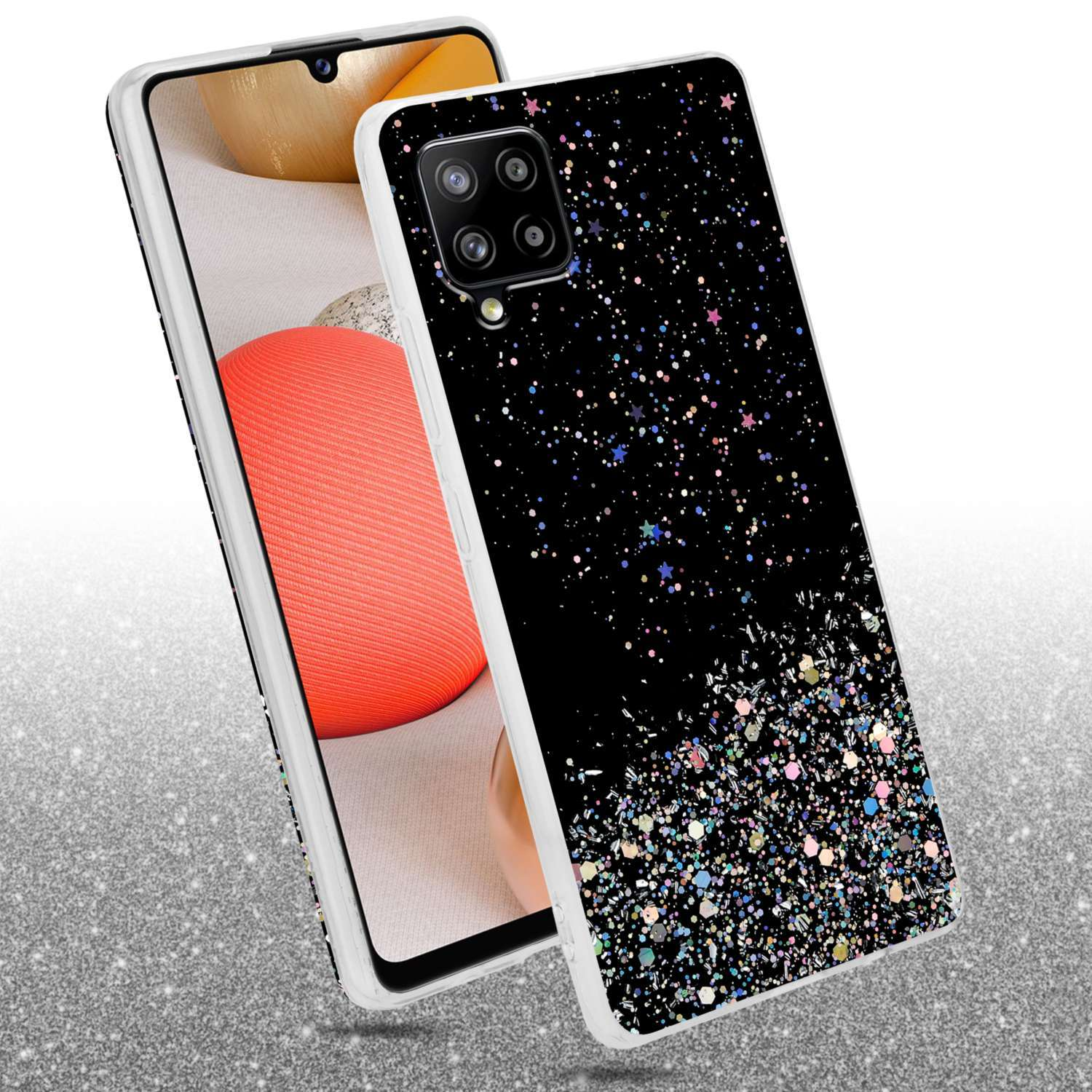 Custodia per telefono in bianco e nero con glitter. Effetto glitter sul retro del telefono.