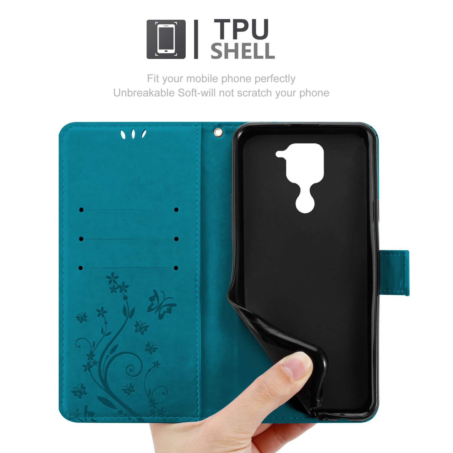 Una custodia per telefono color verde acqua con un telefono e una mano che apre la custodia.