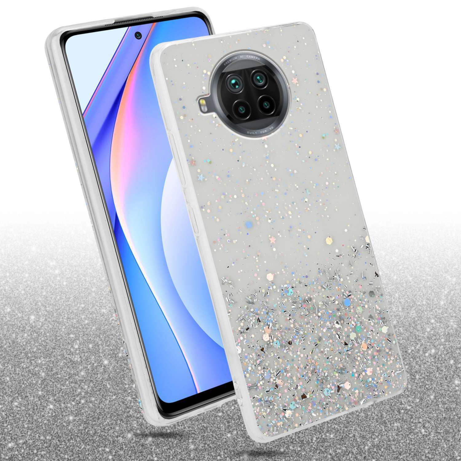 Handyhülle mit Glitzersternen. Das Telefon ist eingesetzt, zeigt den Bildschirm.