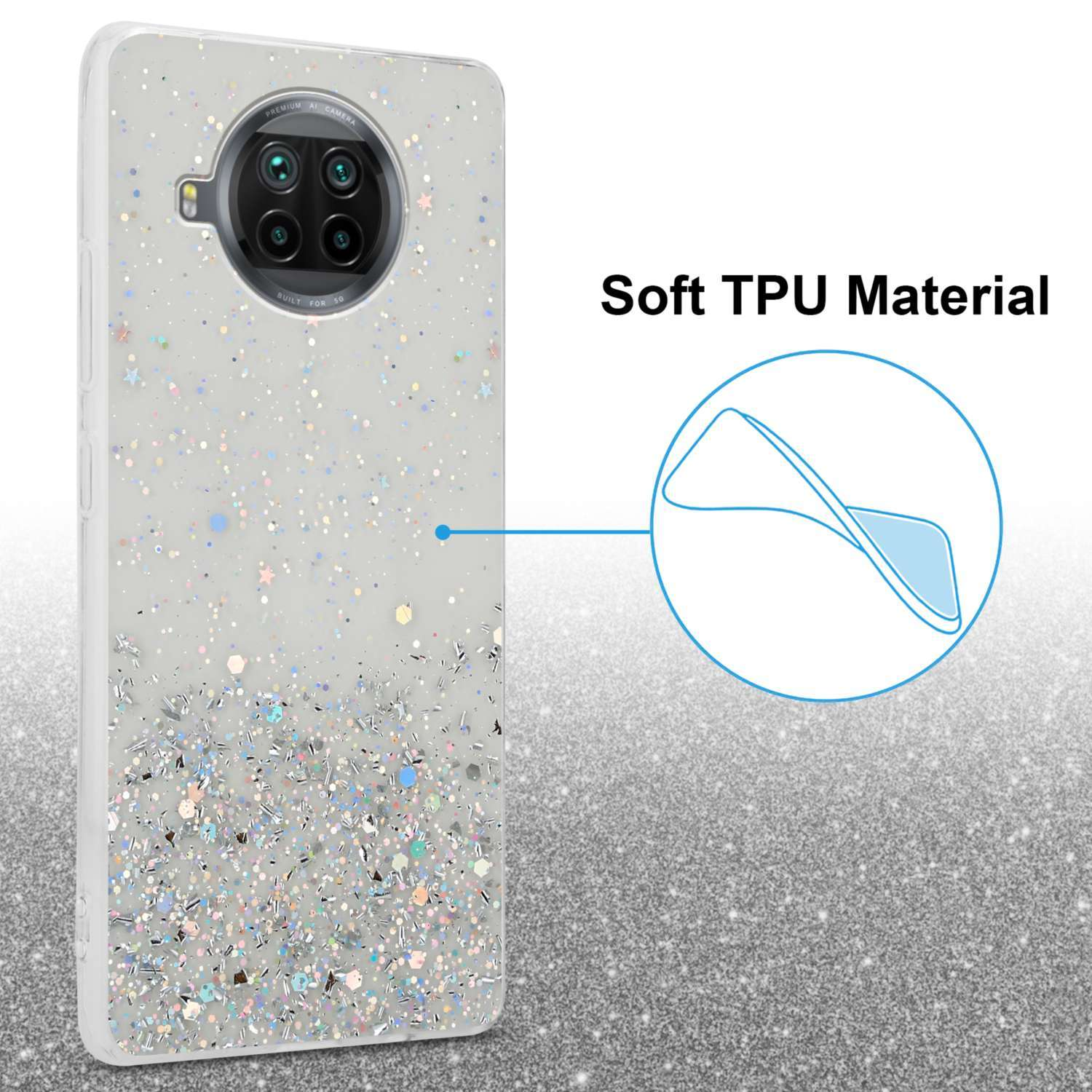 Weiße Handyhülle mit Glitzer. Die Hülle liegt auf einer hellen Oberfläche. Die Hülle hat eine Kamera mit Glitzerdetails.