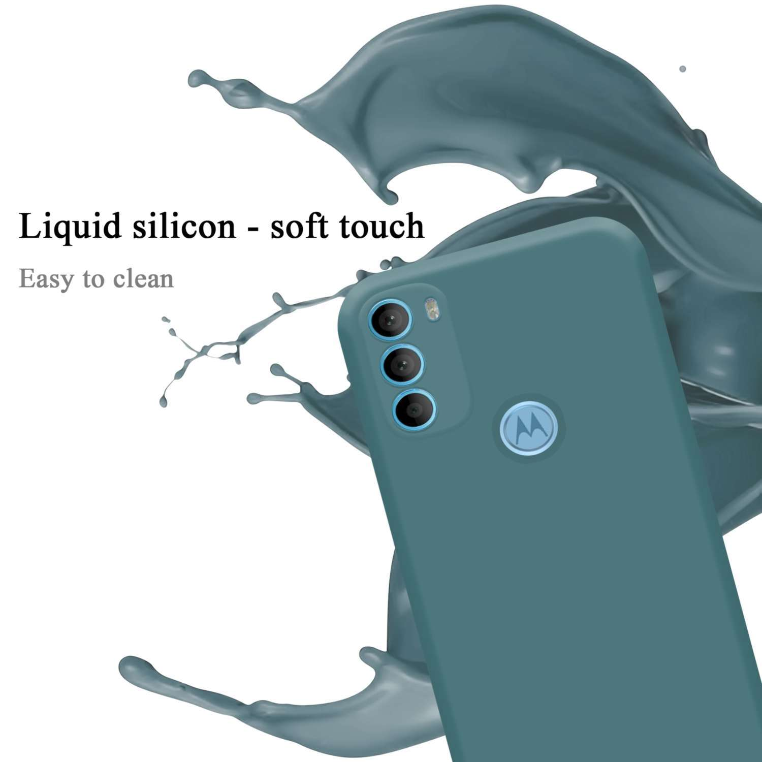Una custodia per telefono verde acqua è angolata, con uno schizzo d'acqua e la fotocamera di un telefono rivolta verso lo spettatore.