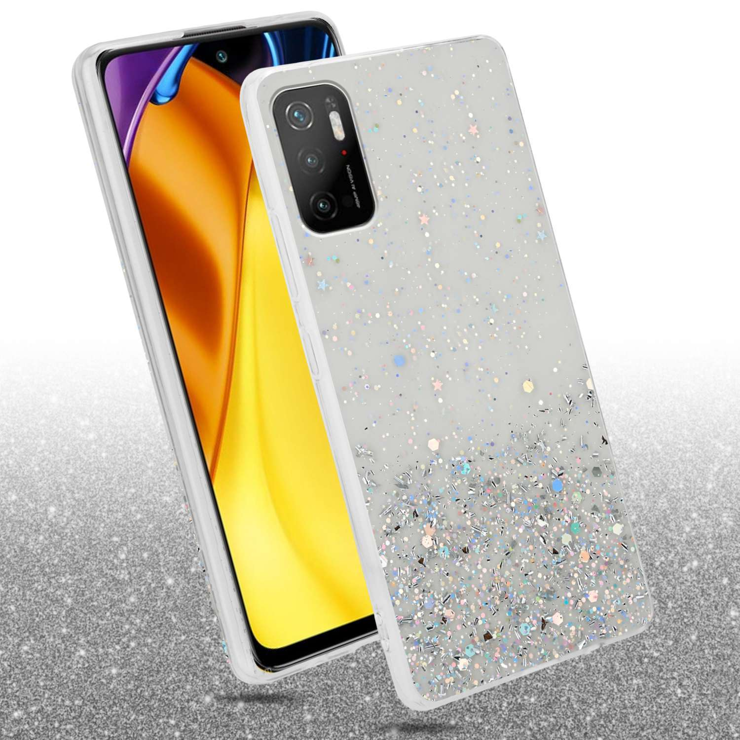 Un telefono con una custodia scintillante. La custodia è bianca con un design sfumato glitterato.