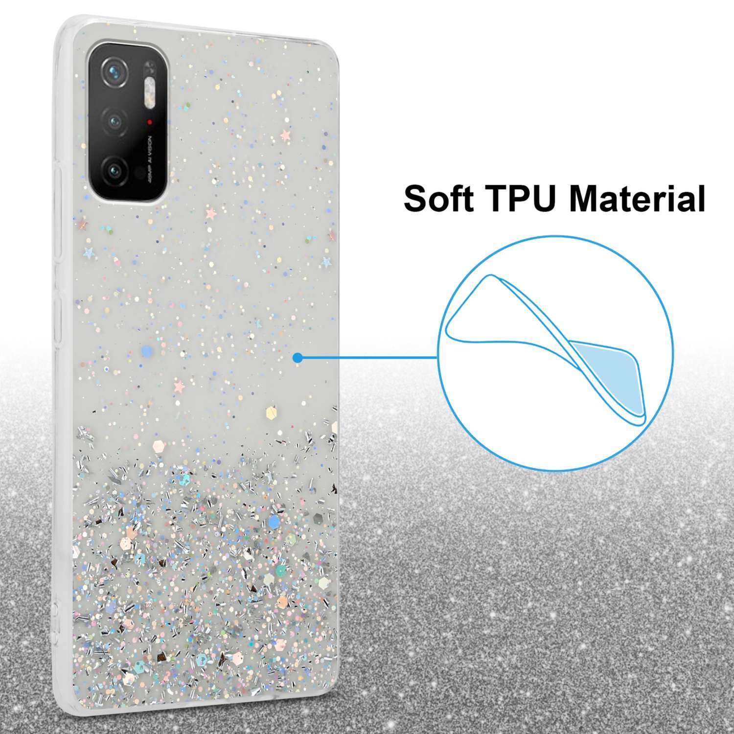 Una custodia per telefono con glitter, un morbido materiale TPU e un'icona di impronta digitale, su uno sfondo sfocato.
