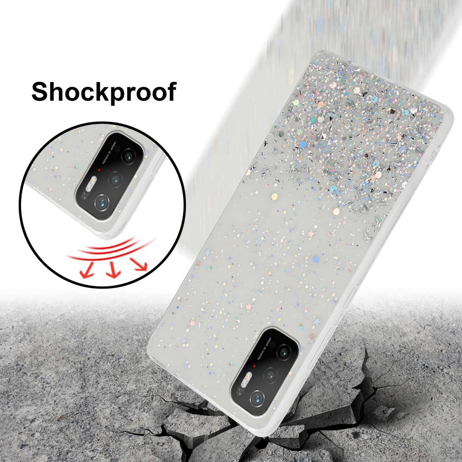 Custodia per telefono glitterata con crepe sul terreno. Mostra la fotocamera. Antishock.