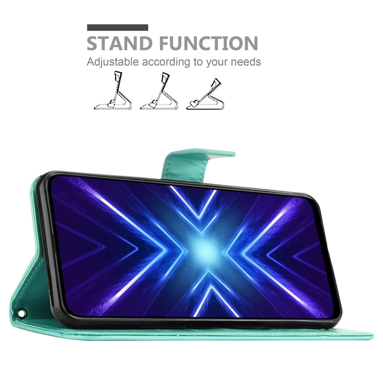 Custodia per telefono con funzione supporto, che mostra lo schermo con linee blu. La custodia è color turchese.