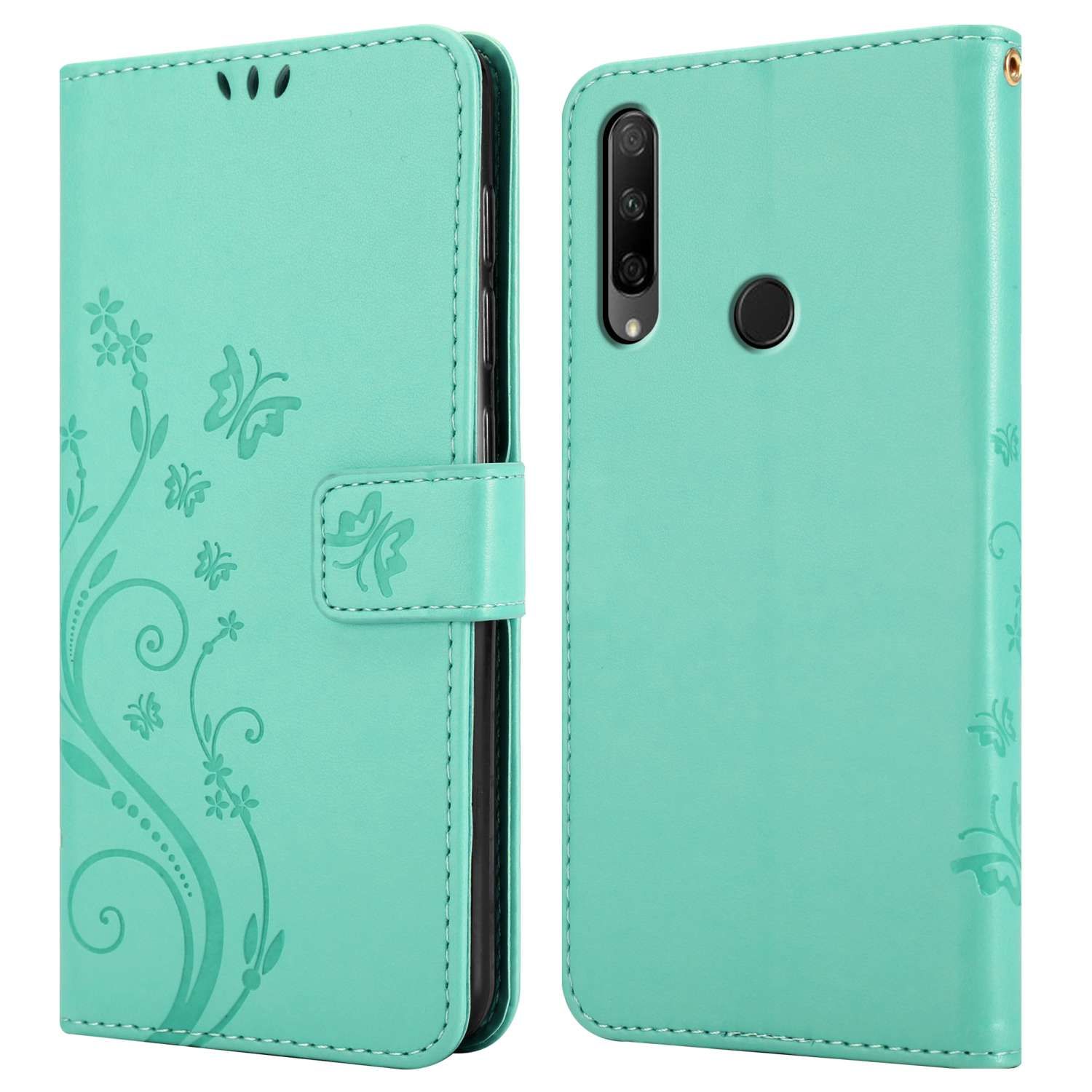 Una custodia a libro turchese, con un design floreale, in posizione aperta, che mostra il telefono.