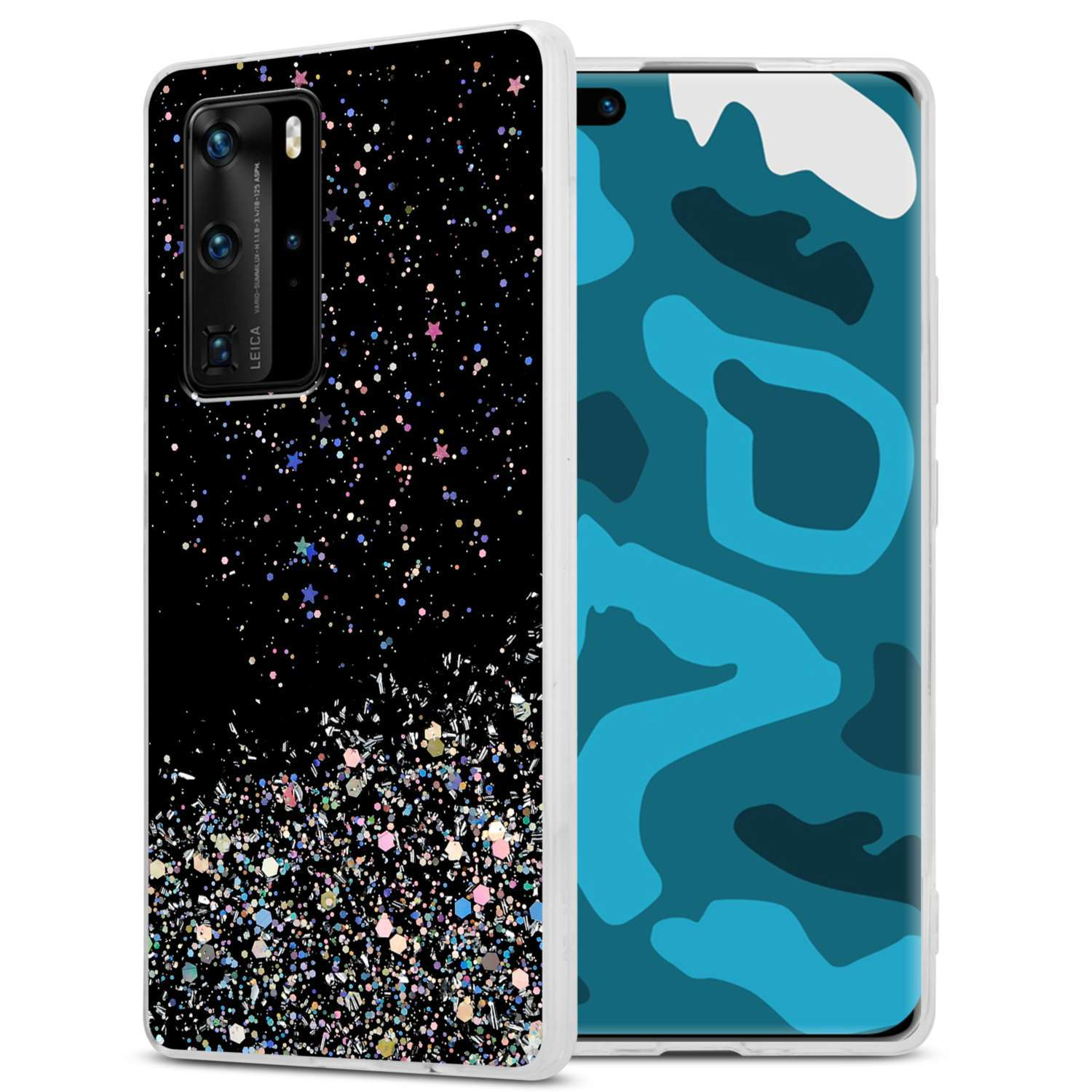 Telefon in einer glitzernden schwarzen Hülle. Der Bildschirm zeigt ein blau-weißes Design.