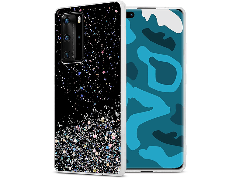 CADORABO Schutzhülle mit funkelnden Glitter, Backcover, Huawei, P40 PRO / P40 PRO+, Schwarz mit Glitter