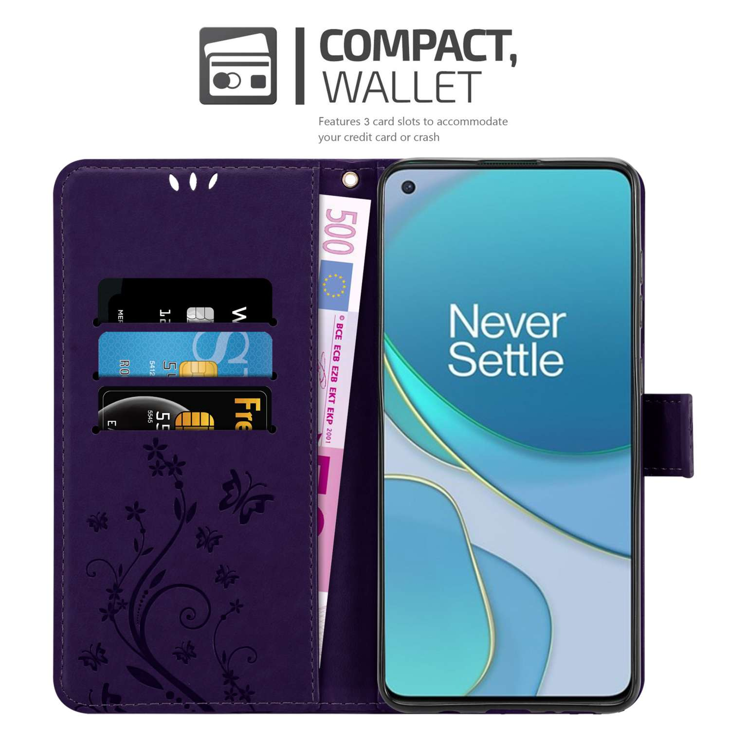 Portafoglio viola con telefono, carte e denaro. Il portafoglio è aperto, mostrando l'interno. Testo: Portafoglio compatto.