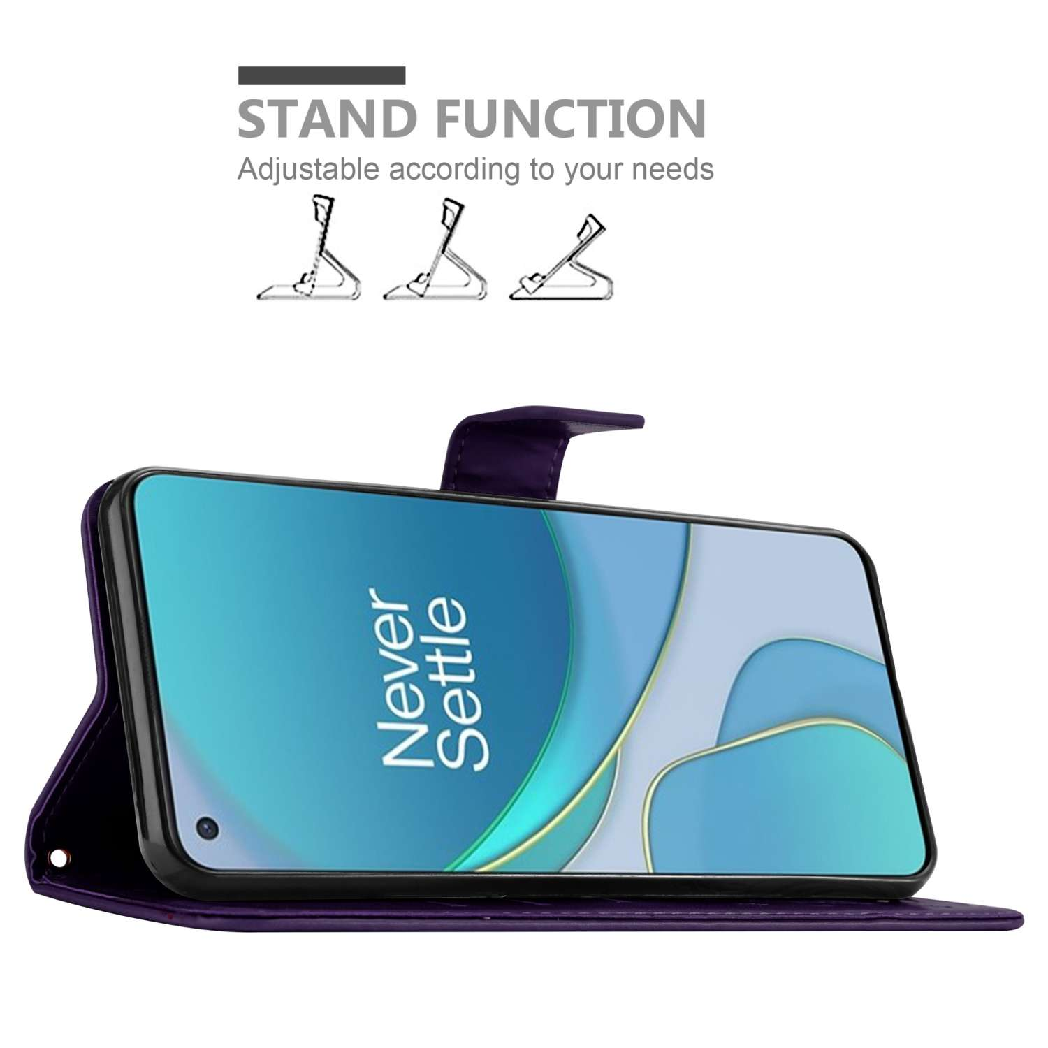 Custodia per telefono viola aperta con telefono che mostra Never Settle. Icone della funzione stand sopra.