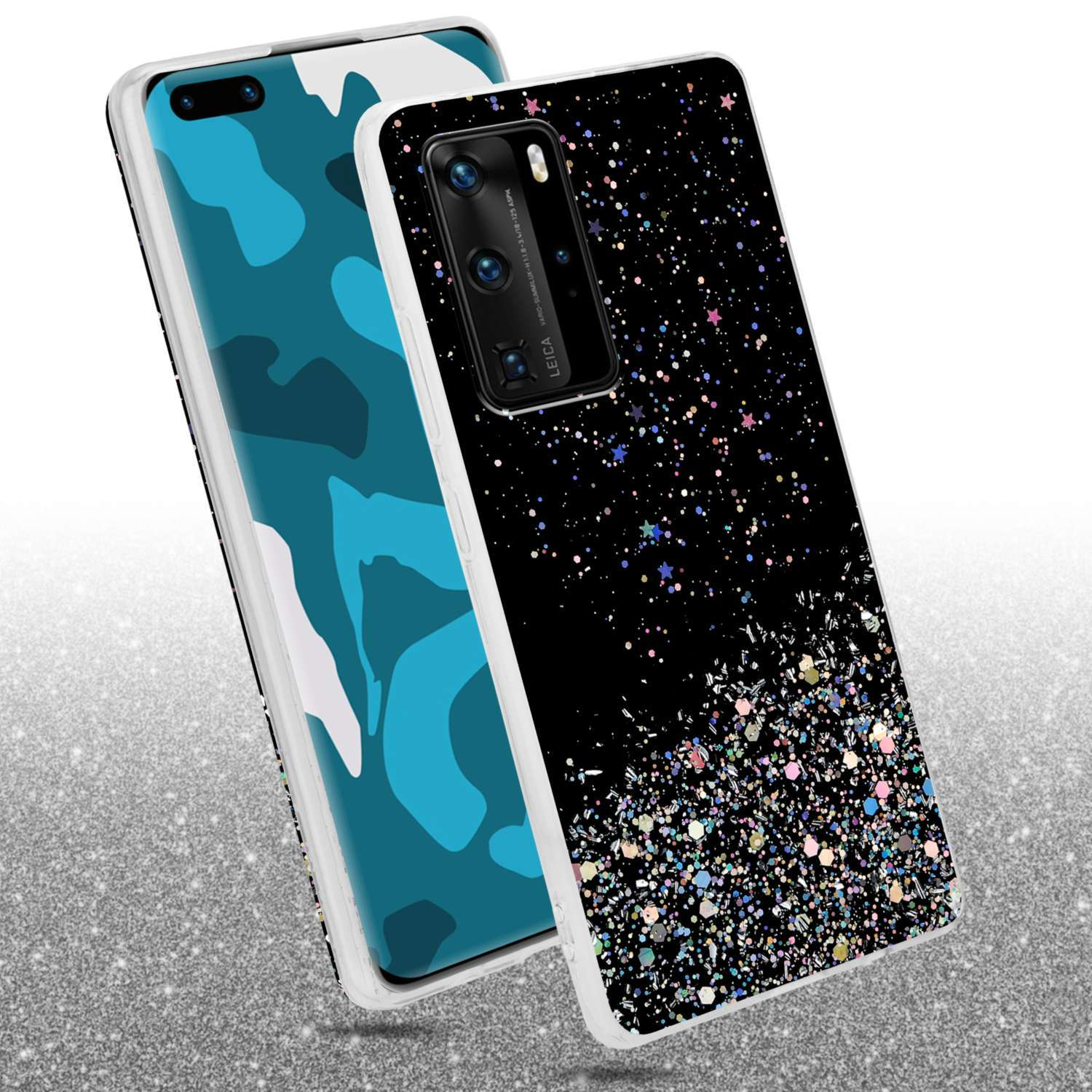 Deux coques de téléphone, une avec un design bleu et l'autre noire avec des paillettes. Les deux comportent plusieurs caméras.