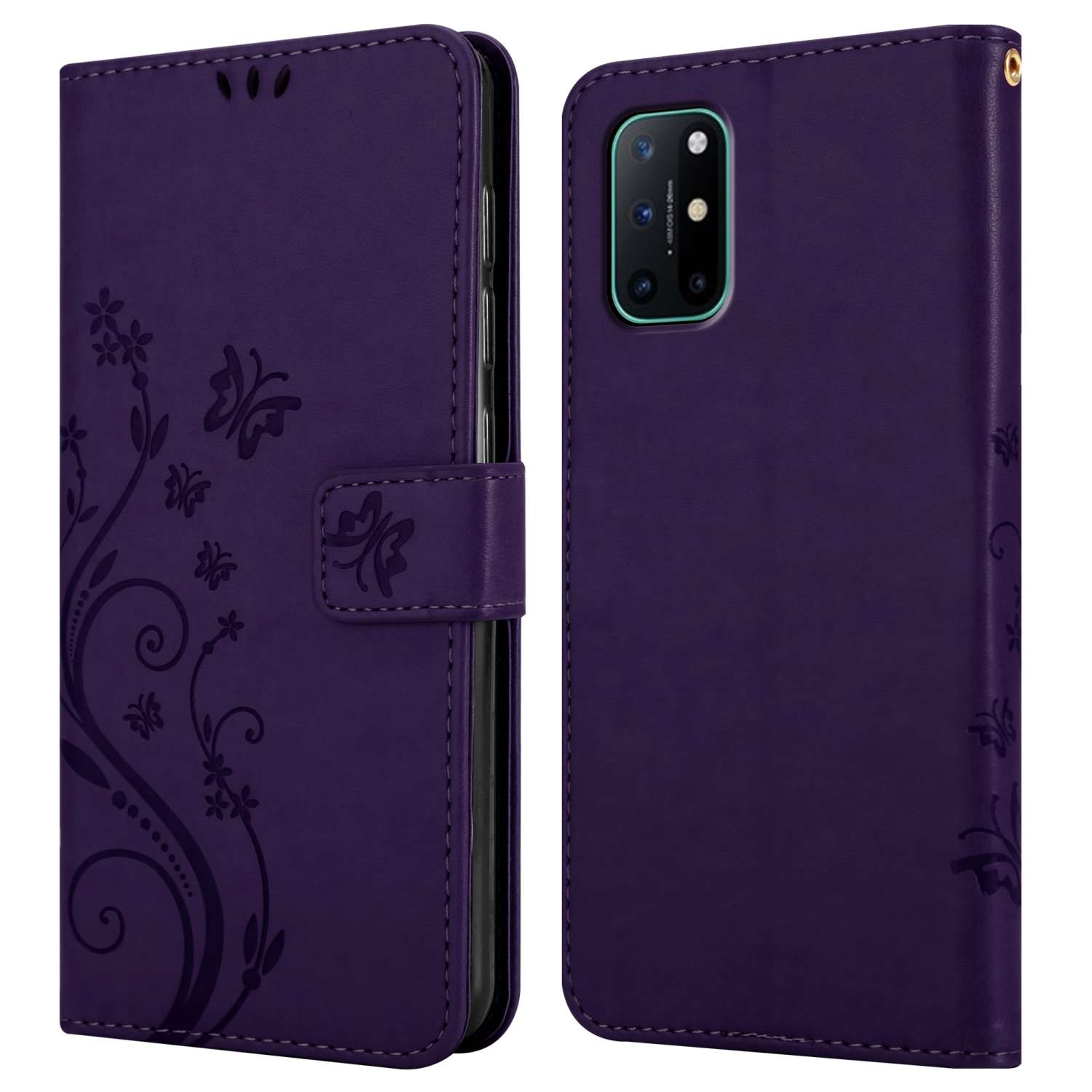 Custodia per telefono viola con design a farfalla, aperta e chiusa. Mostra il telefono e la sua fotocamera.