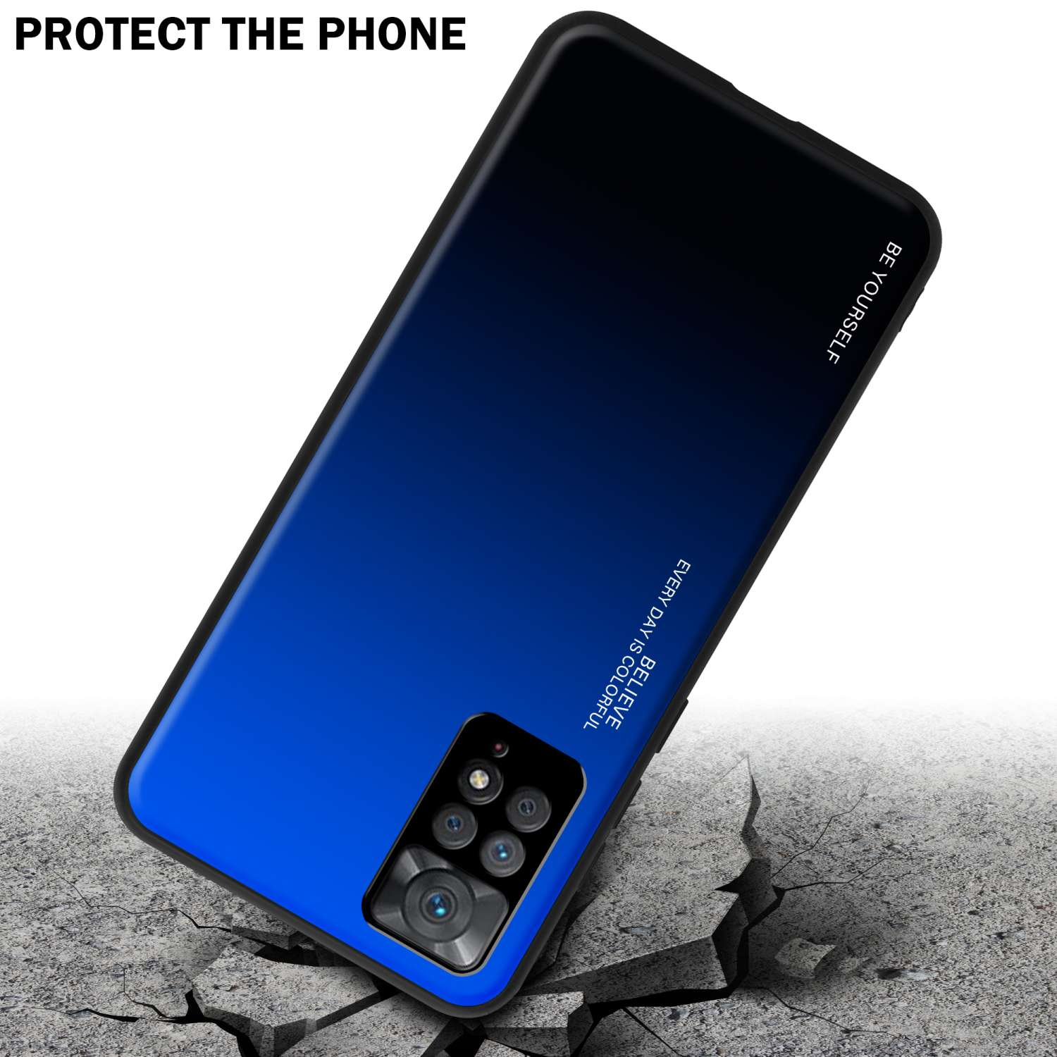 Un telefono con una custodia sfumata blu e nera che cade su una superficie screpolata. Il testo 'BE YOURSELF' è visibile.