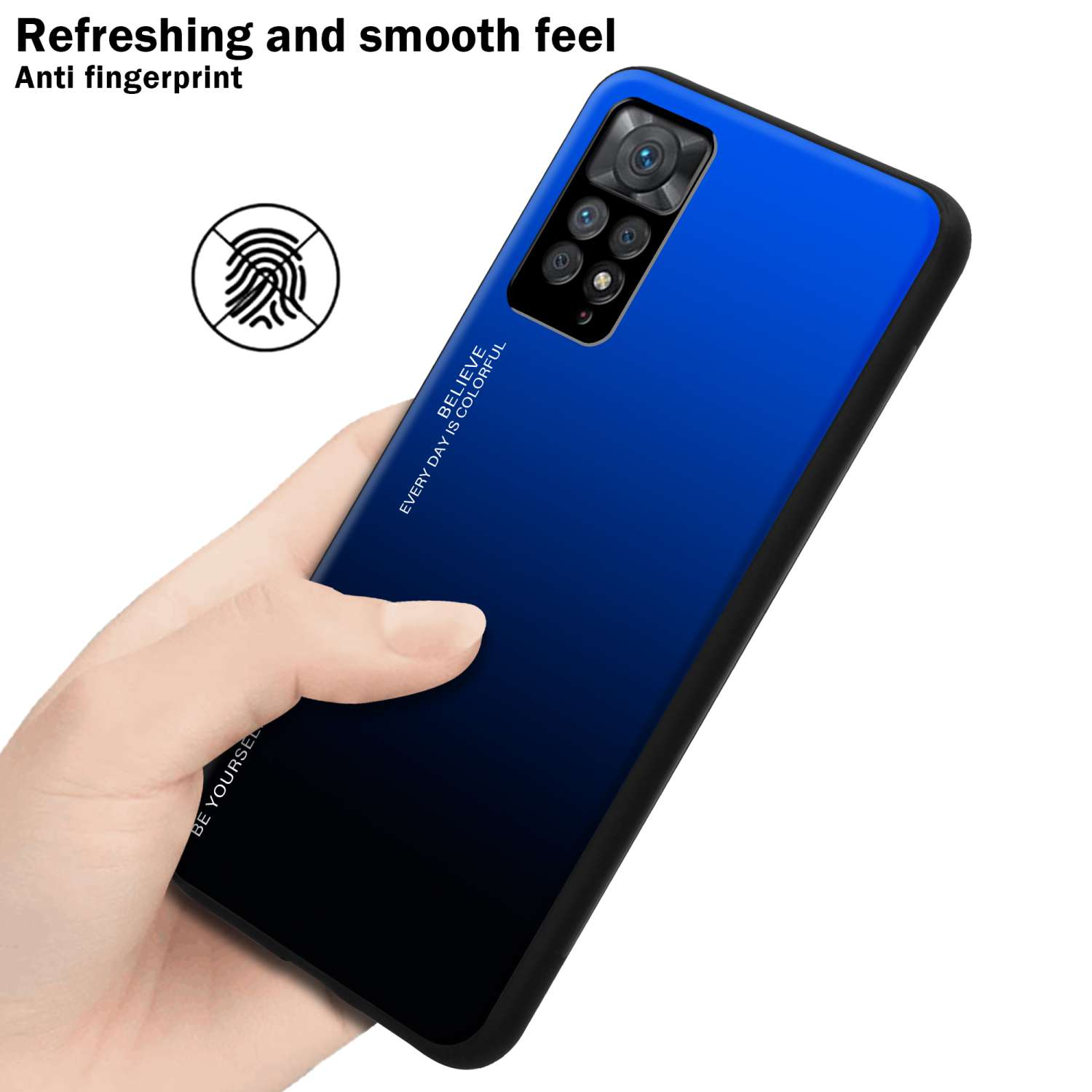 Custodia per telefono sfumata blu e nera tenuta in mano. Icona dell'impronta digitale.