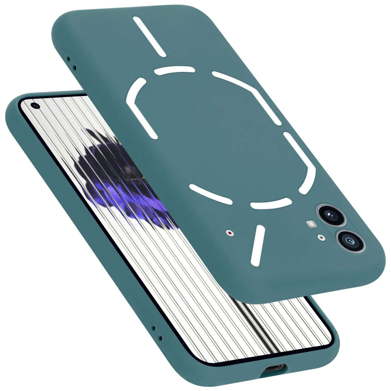 Türkisfarbene Handyhülle mit Telefon innen. Die Hülle befindet sich leicht über dem Telefon.
