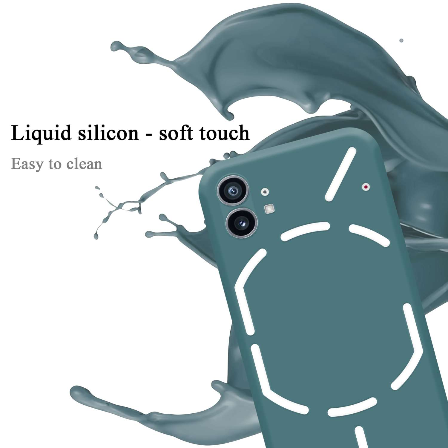 Eine türkisfarbene Handyhülle mit schwarzem Flüssigkeitsspritzer und Text 'Liquid silicon'.