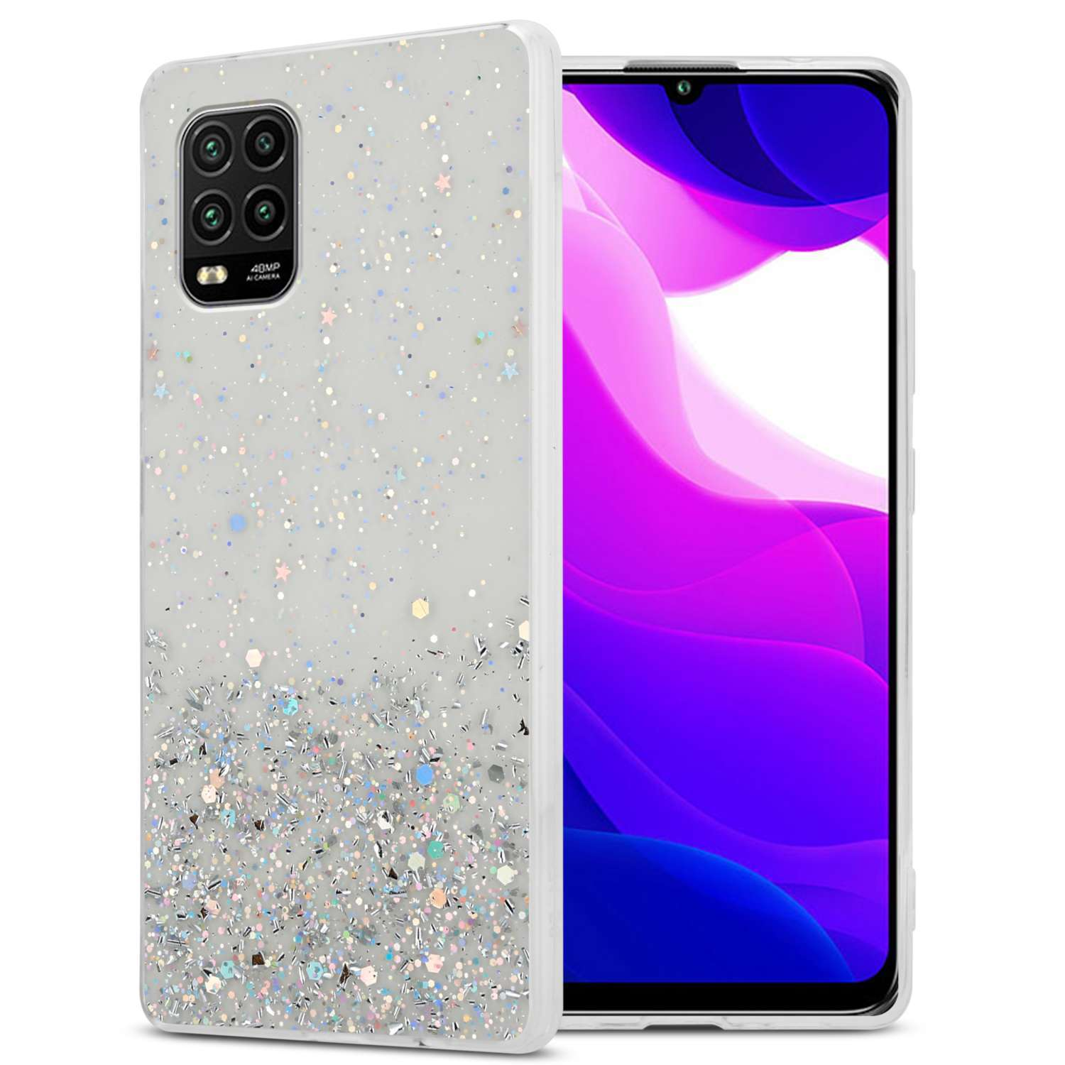 Custodia per telefono glitterata con telefono dentro. La custodia è leggermente aperta. Sfondo bianco.