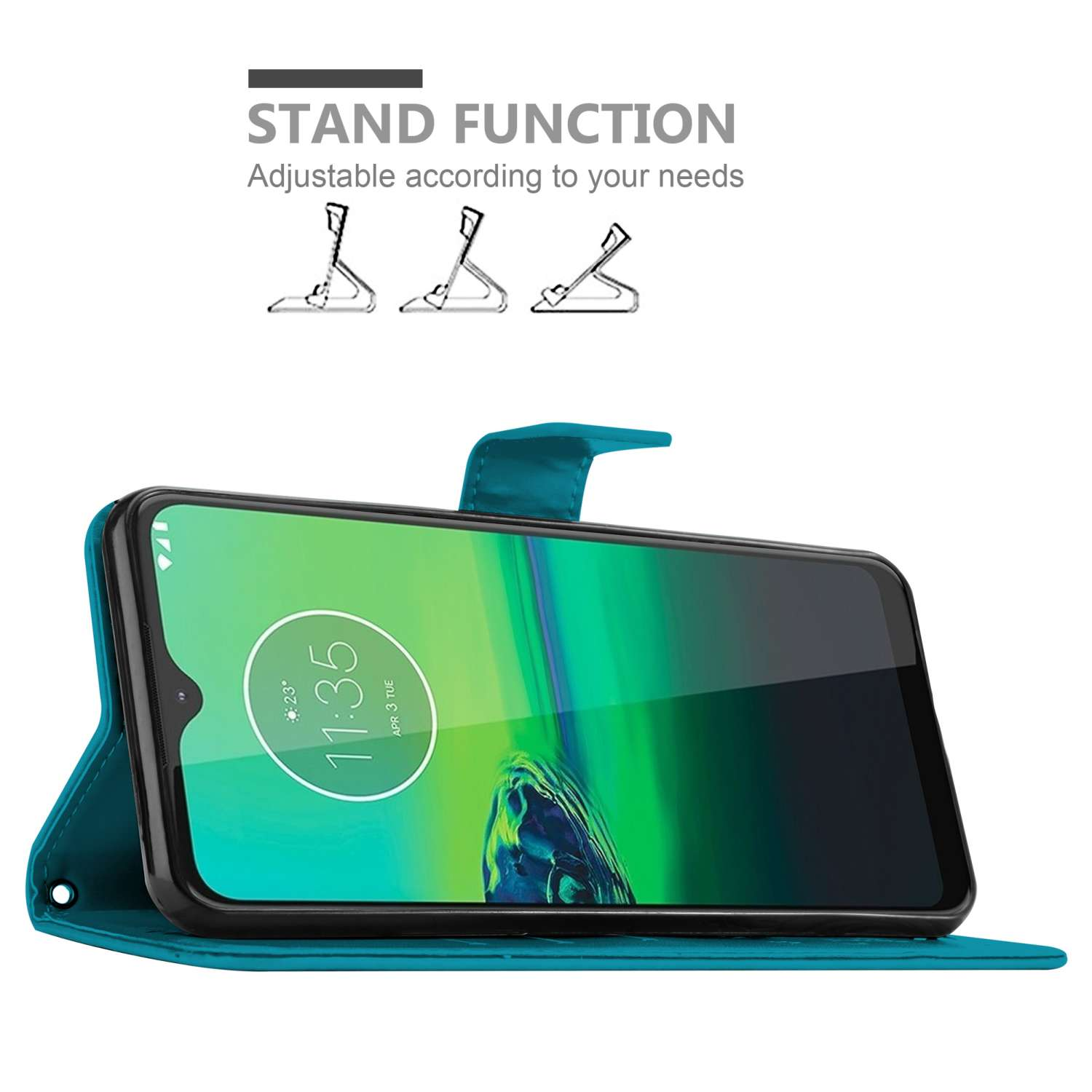 Una custodia per telefono blu con funzione stand. La custodia è aperta, rivelando lo schermo del telefono. Sopra sono mostrati tre tipi di supporto.