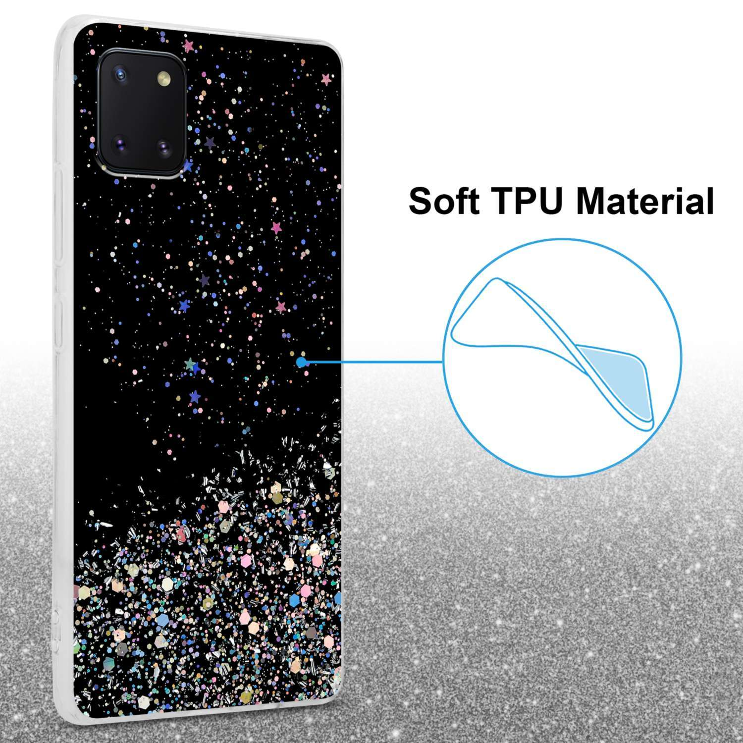 CADORABO Schutzhülle mit funkelnden Glitter, / / M60s, Samsung, 10 Galaxy Schwarz NOTE LITE Glitter Backcover, mit A81