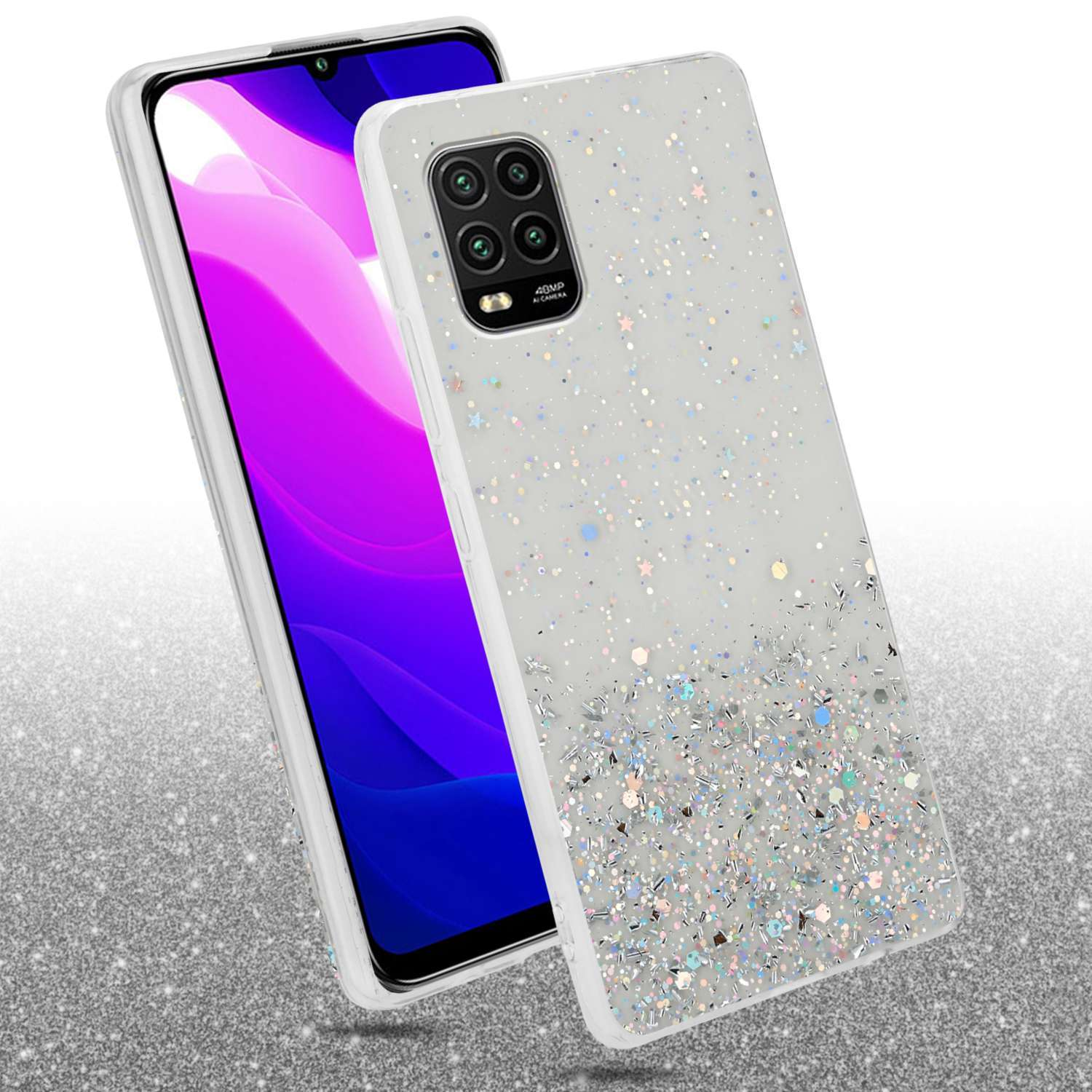 Custodia per telefono glitterata con telefono parzialmente visibile. Sfondo scintillante. Custodia bianca con fotocamera e schermo.