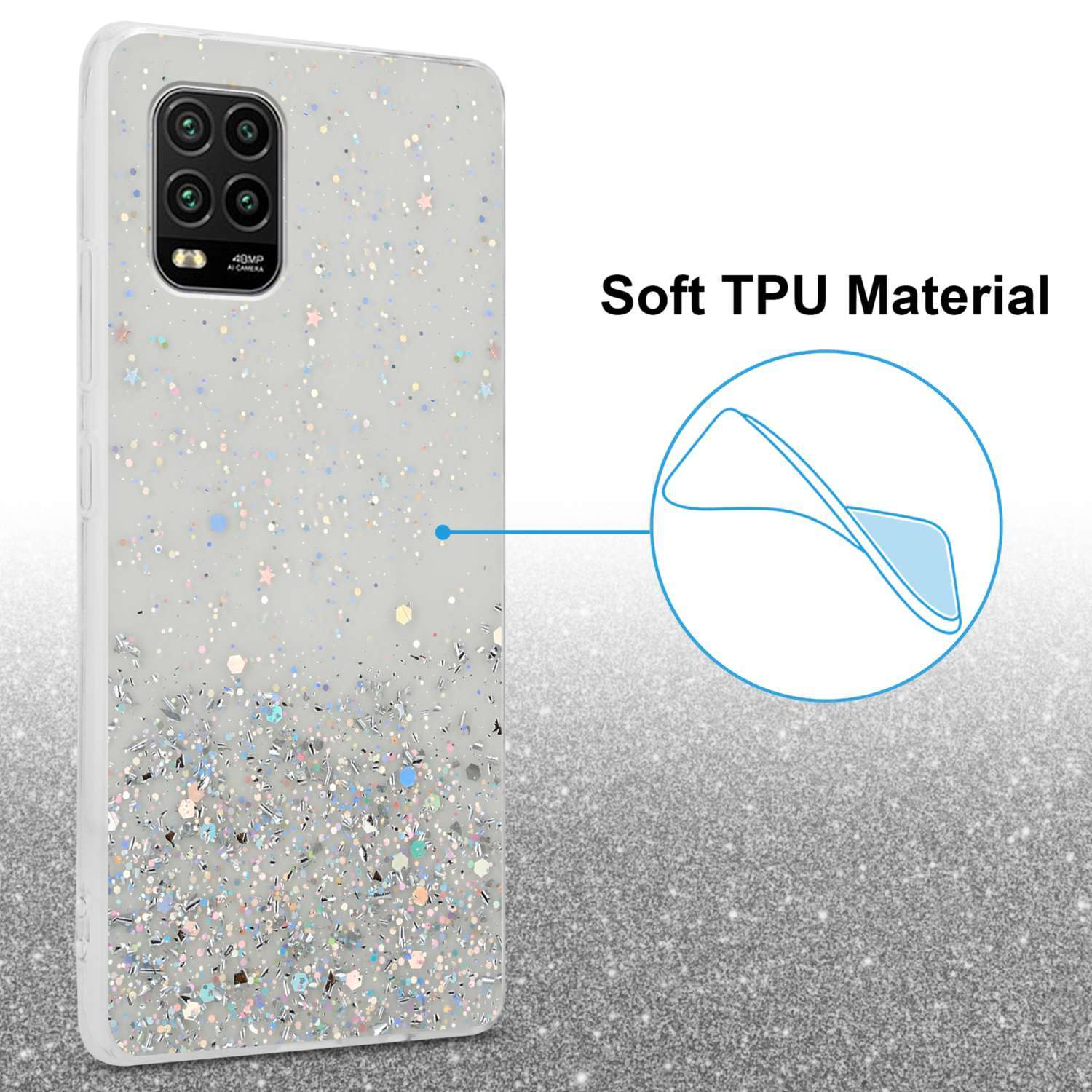 Custodia per telefono con design glitterato. Testo: Materiale TPU morbido. Telefono con lenti multiple.