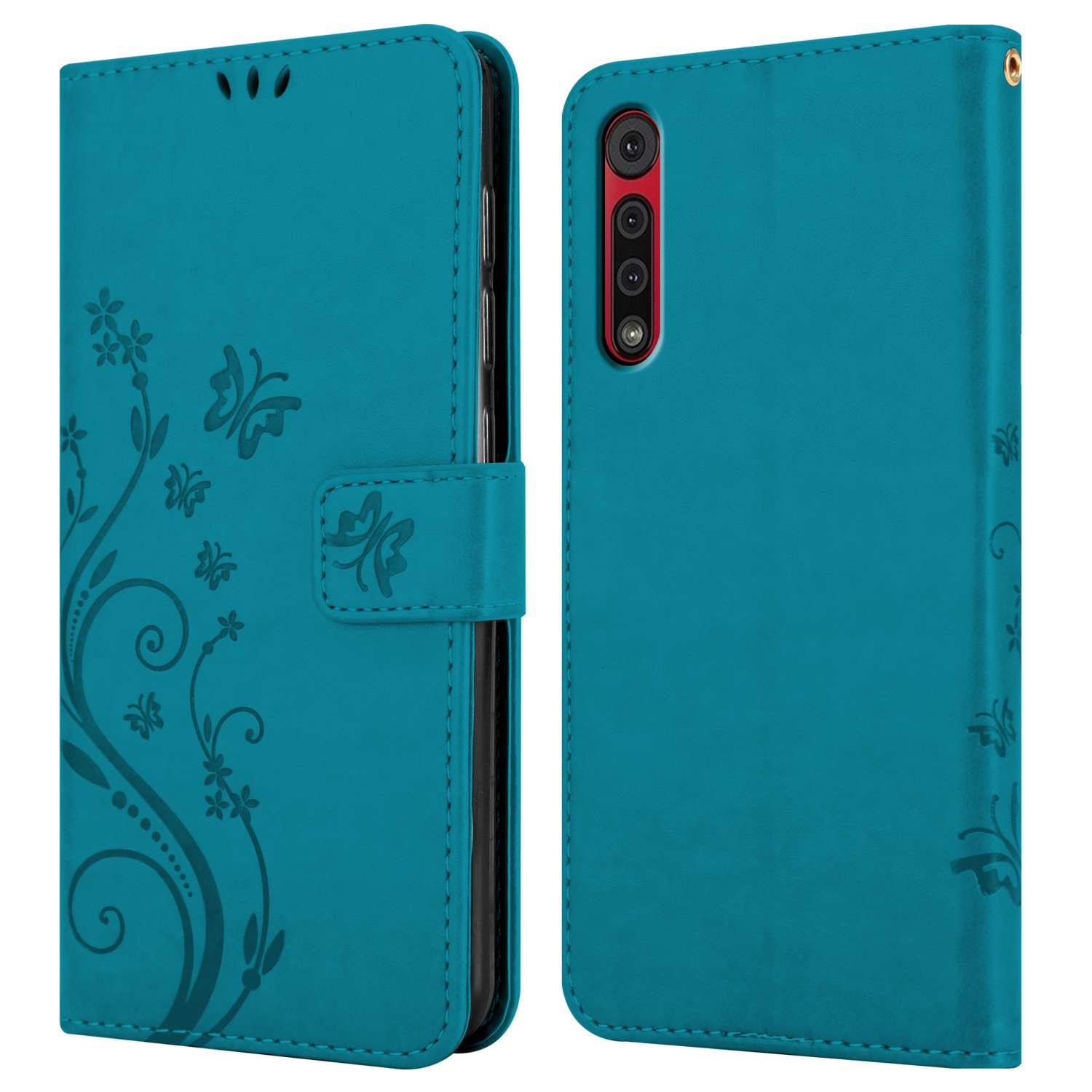 Una custodia per telefono verde acqua, aperta, con disegni floreali e a farfalla. Il telefono è visibile.