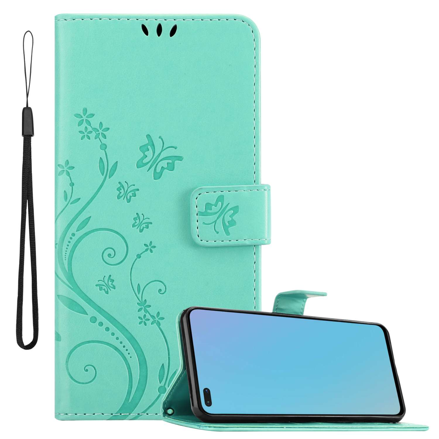 Custodia per telefono verde con design floreale e un telefono all'interno. Una cinghia è attaccata.