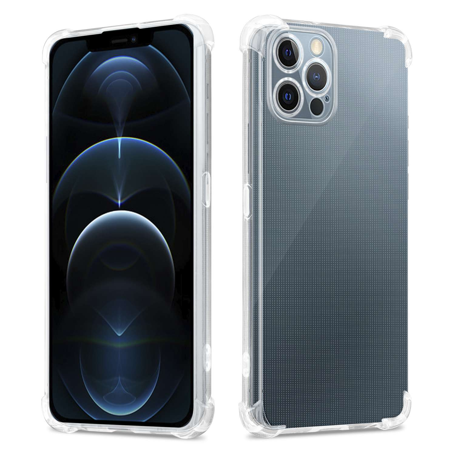 Transparente Handyhülle auf einem Telefon, die Rückseite und Vorderseite des Telefons zeigt.