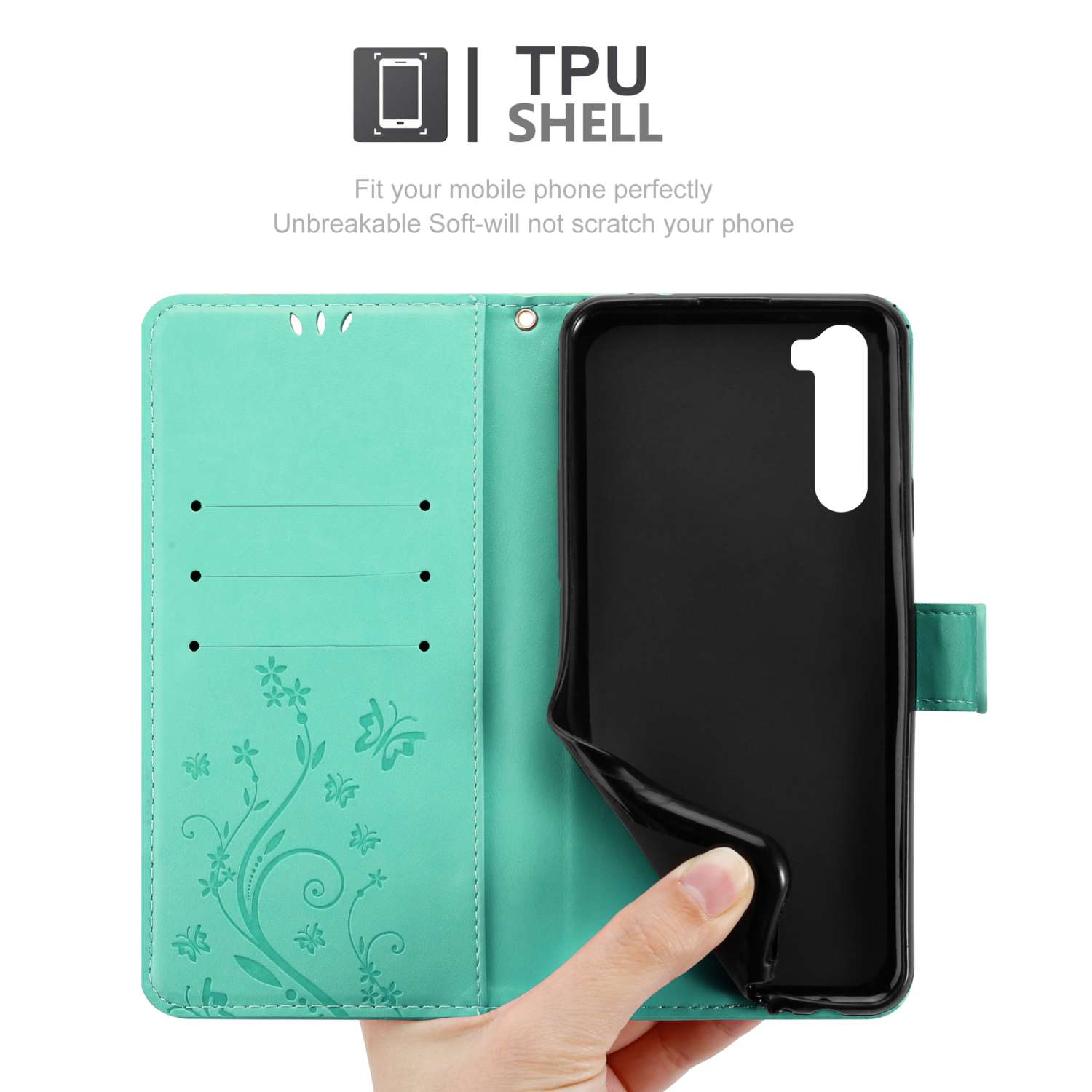 Custodia per telefono verde menta aperta con telefono nero all'interno. Design a farfalla e fiori.