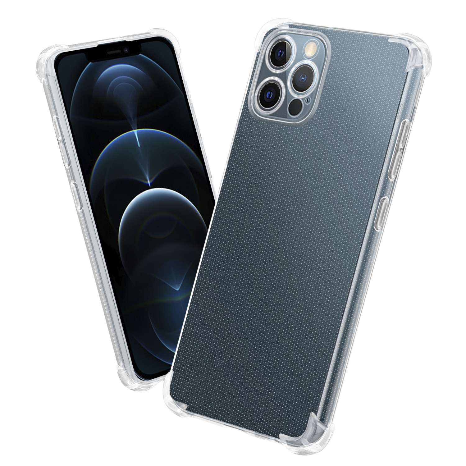 Zwei Telefone mit durchsichtiger Hülle. Das Telefon hinten hat einen blauen Bildschirm.