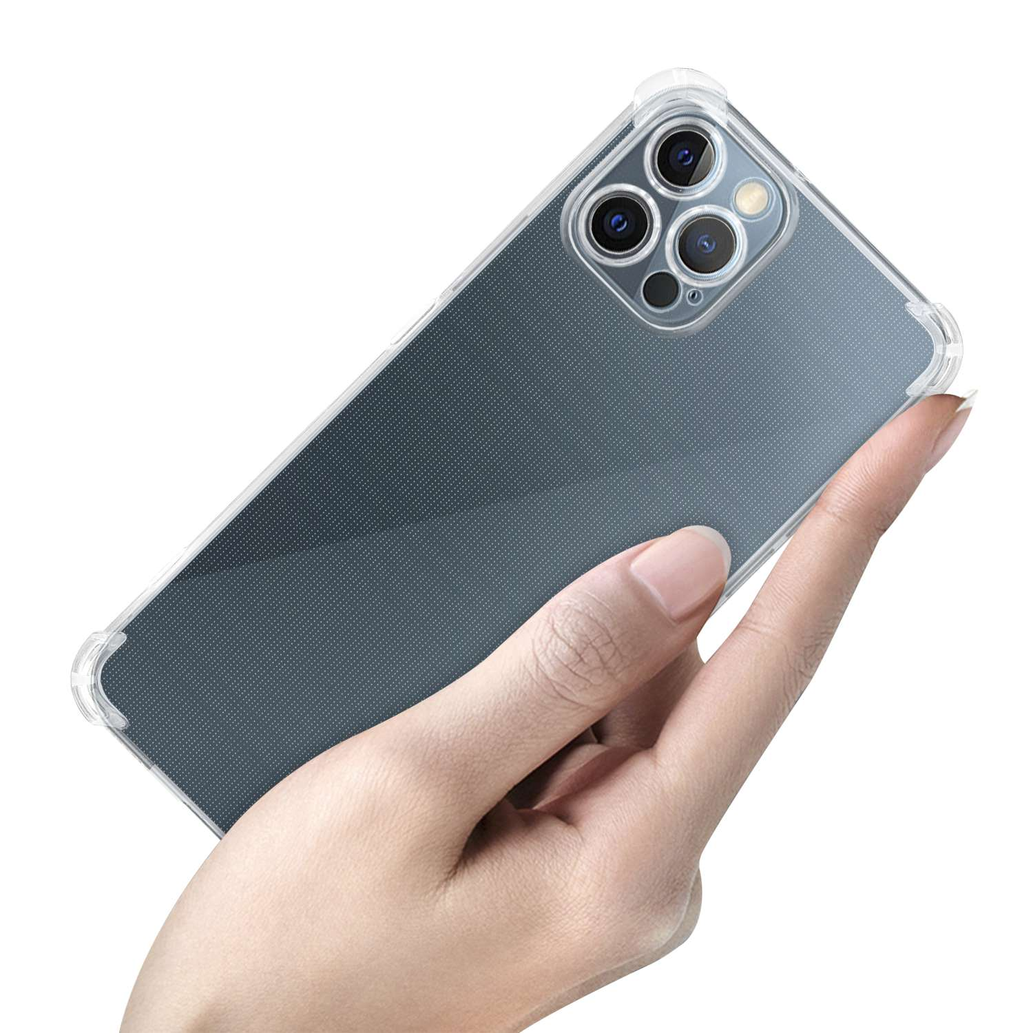 Hand hält transparente Handyhülle über Telefon, Rückseite mit Kameras.