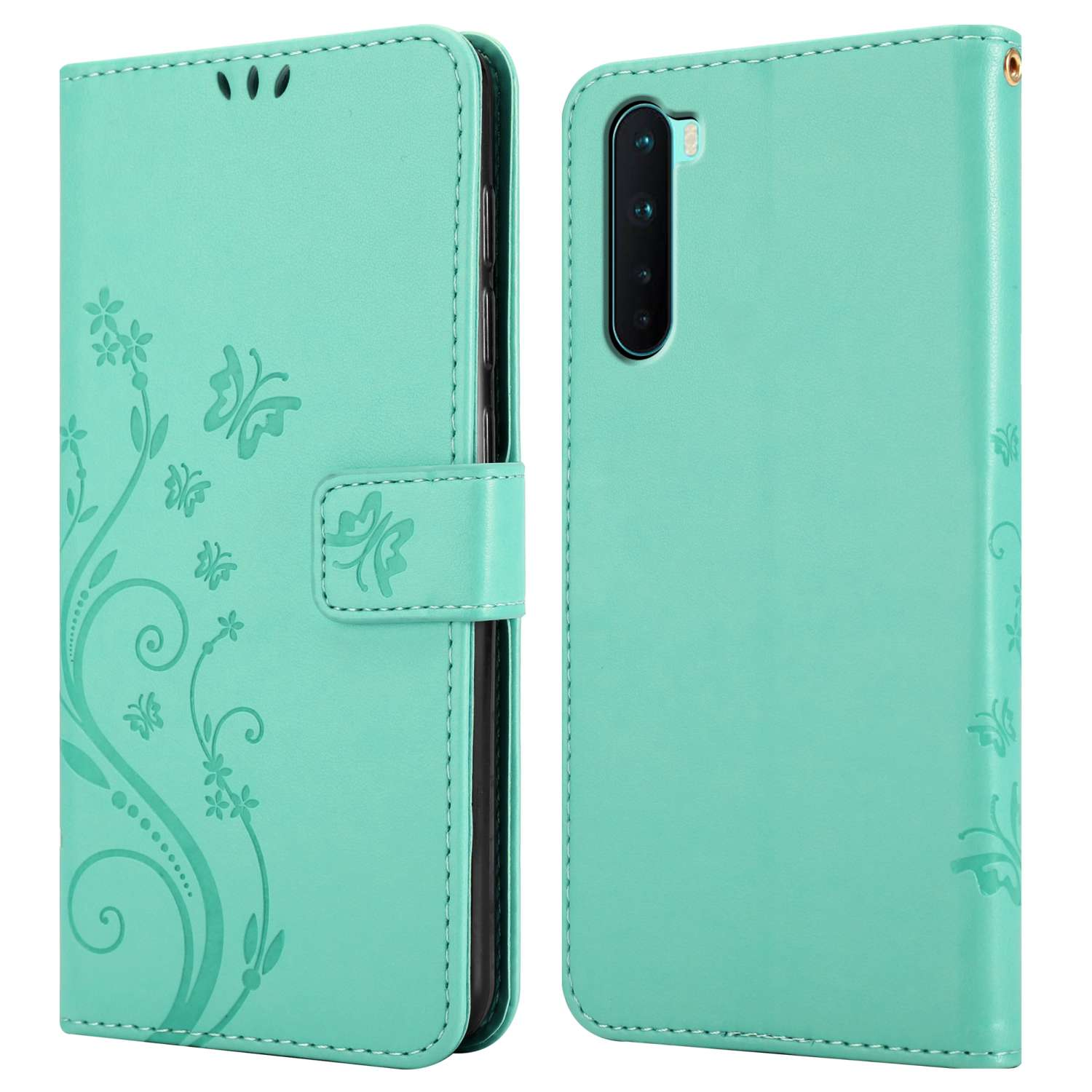 Custodia per telefono verde acqua con design floreale e farfalle. Aperta per rivelare il telefono.