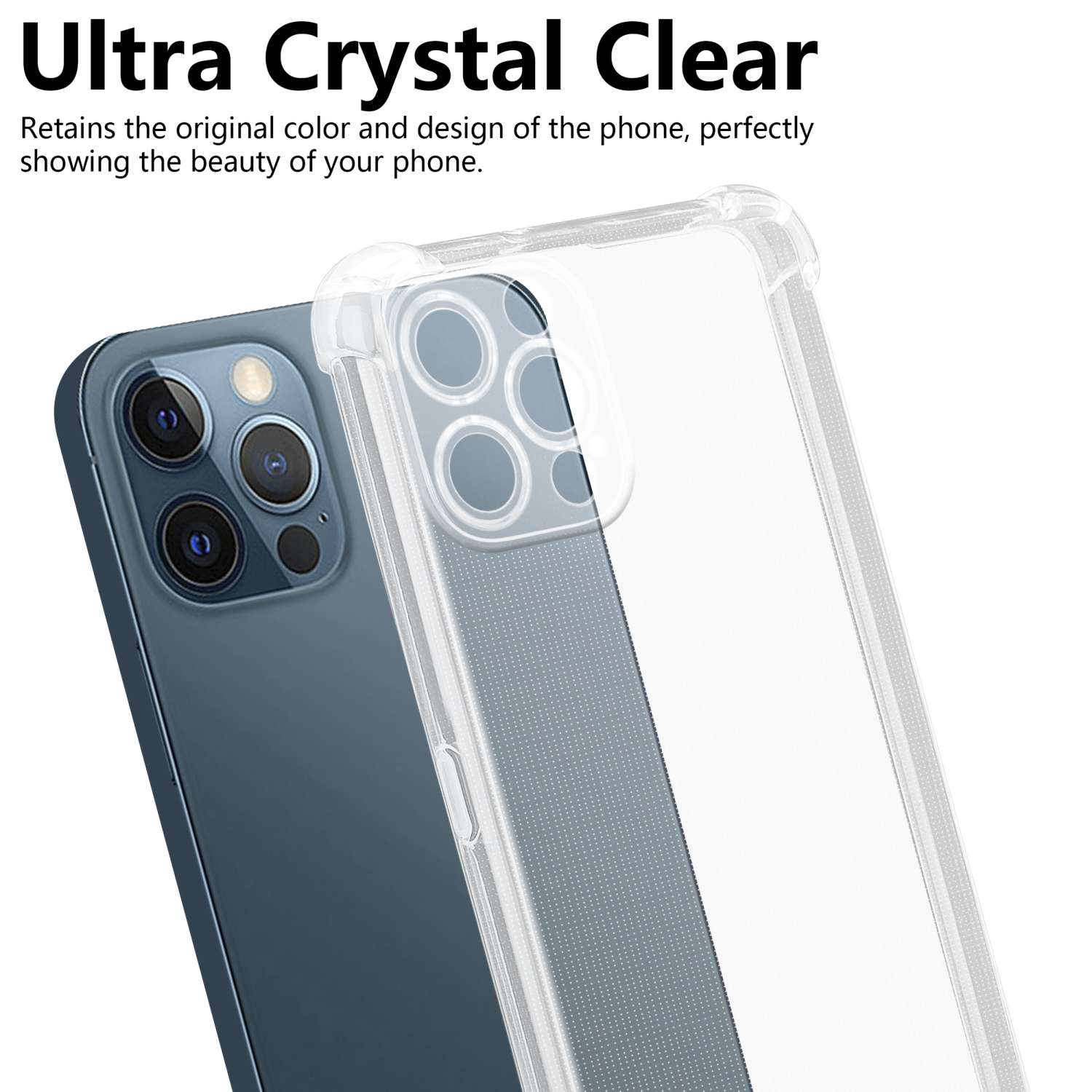 Transparente Handyhülle auf einem blauen Telefon. Text: Ultra Crystal Clear. Behält ursprüngliche Farbe und Design.