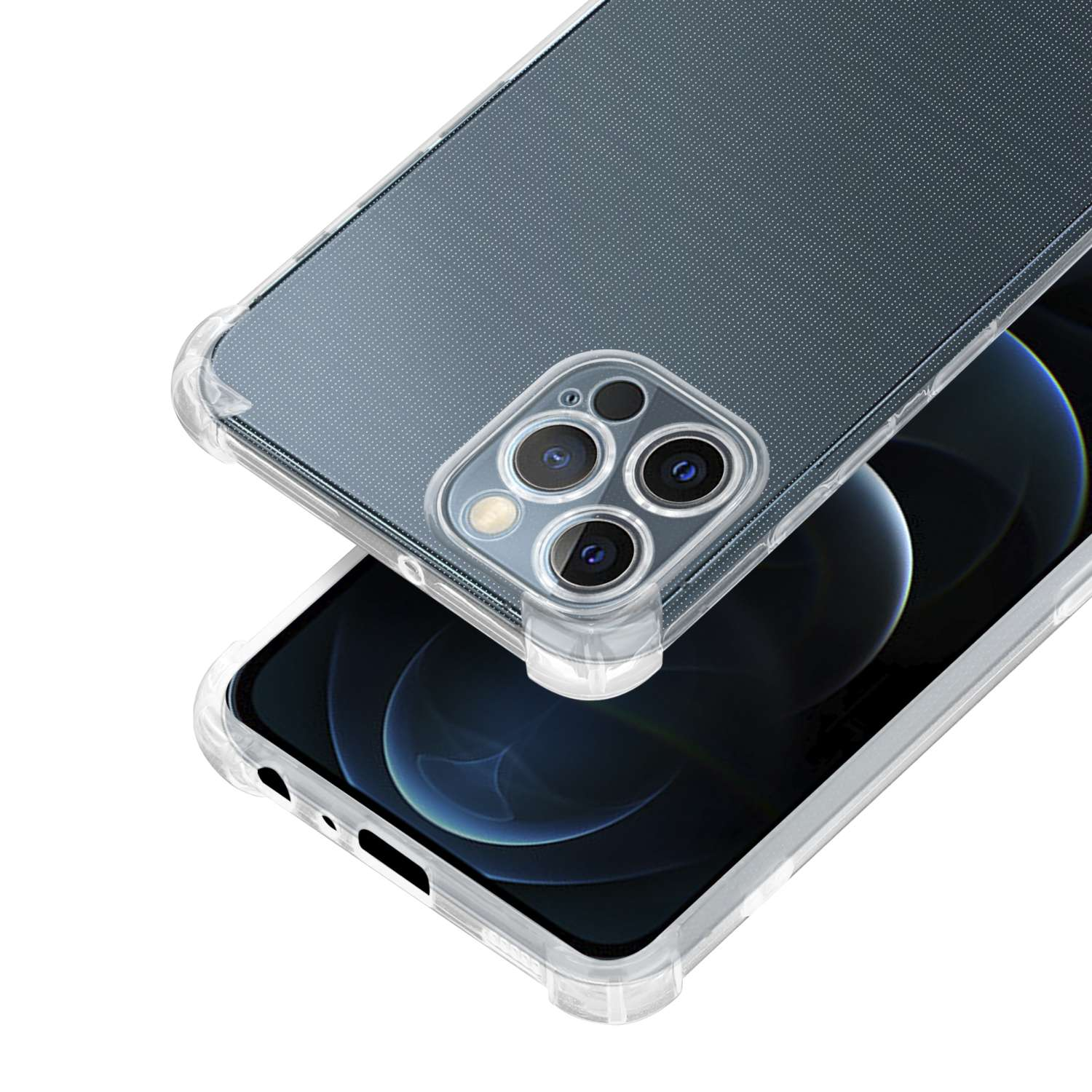 Ein Telefon, das in einer durchsichtigen Hülle eingeschlossen ist. Die Kamera und die Oberseite des Telefons sind sichtbar.