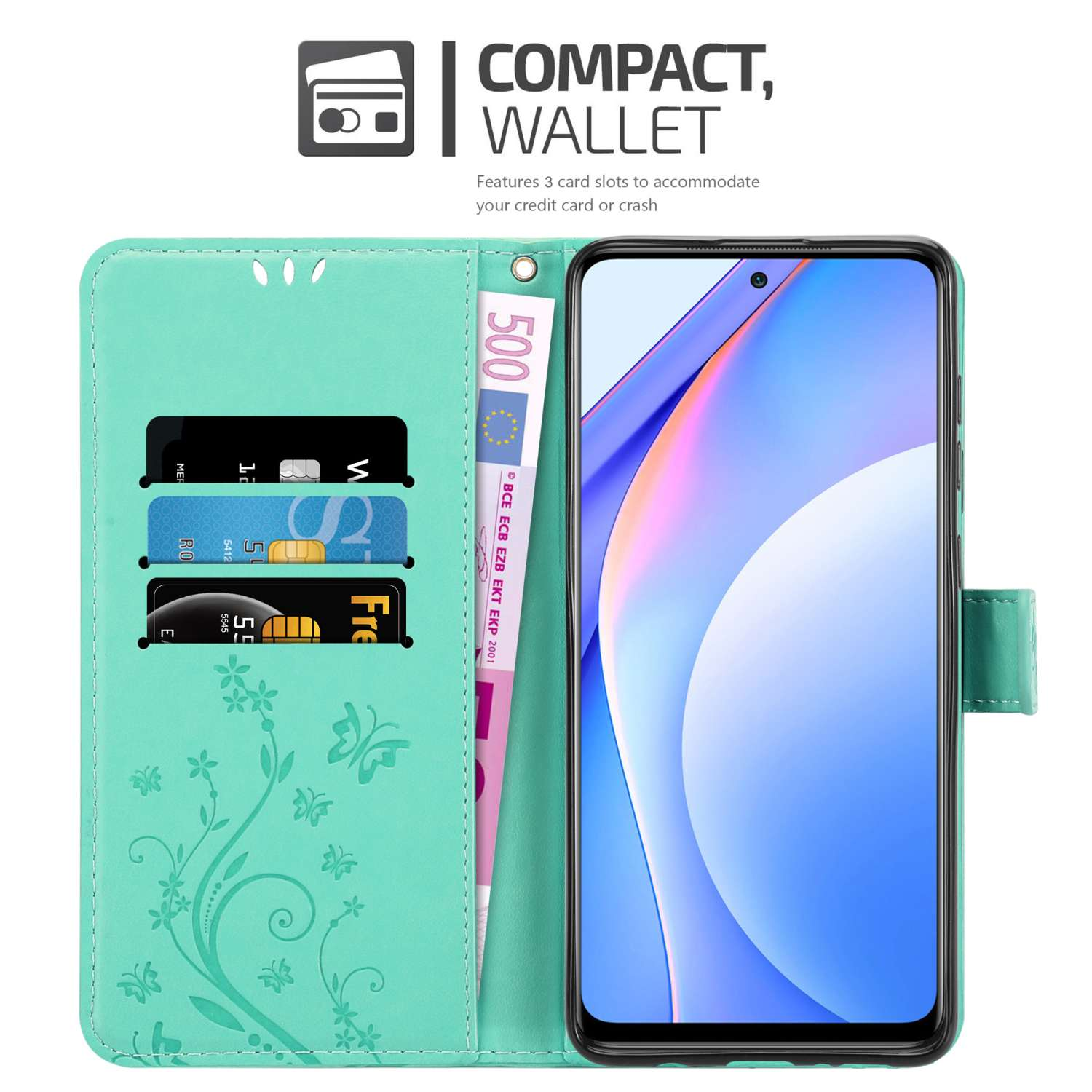 Custodia a portafoglio verde acqua aperta, con telefono e denaro. Scomparti per carte e design floreale.
