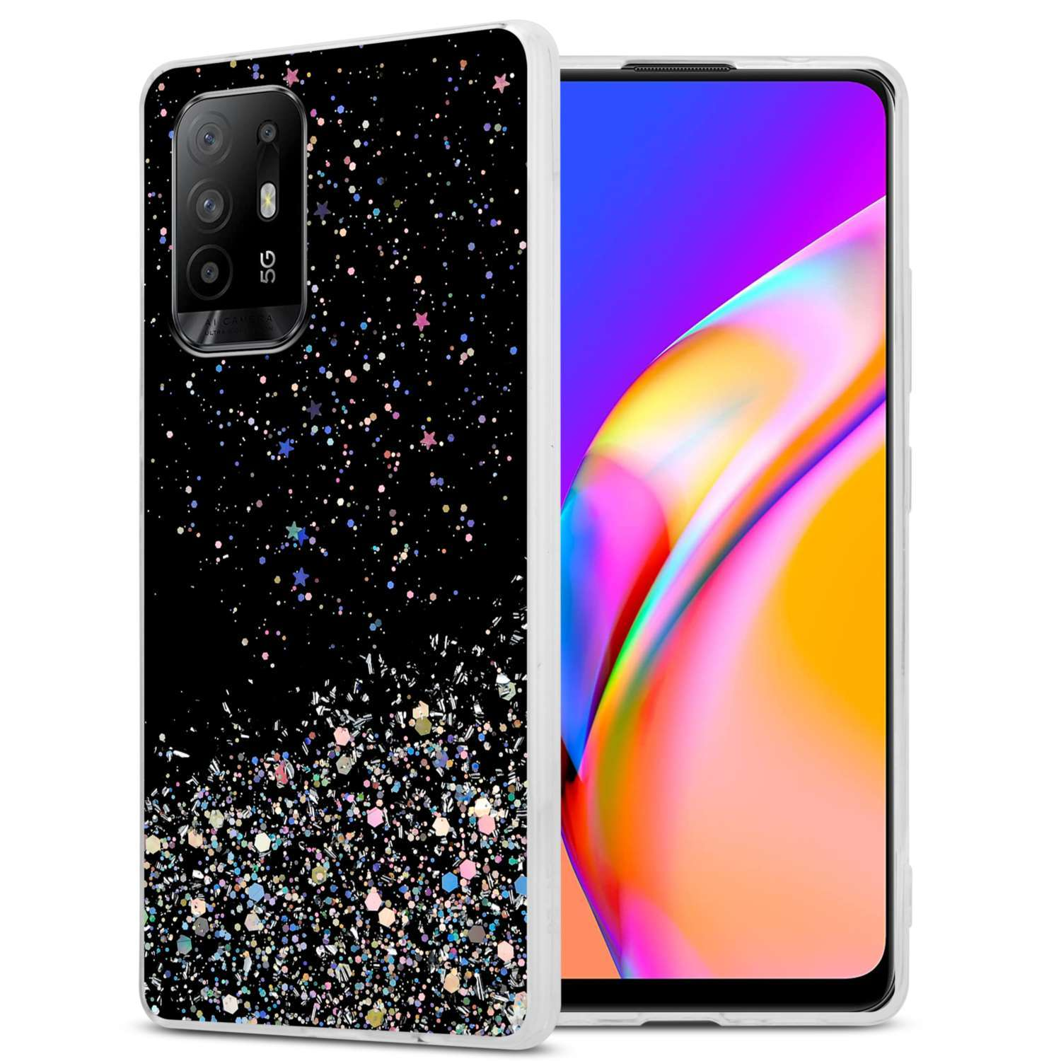 Handyhülle mit schwarzem Glitzerdesign auf der Rückseite. Der Bildschirm zeigt ein farbenfrohes Bild.