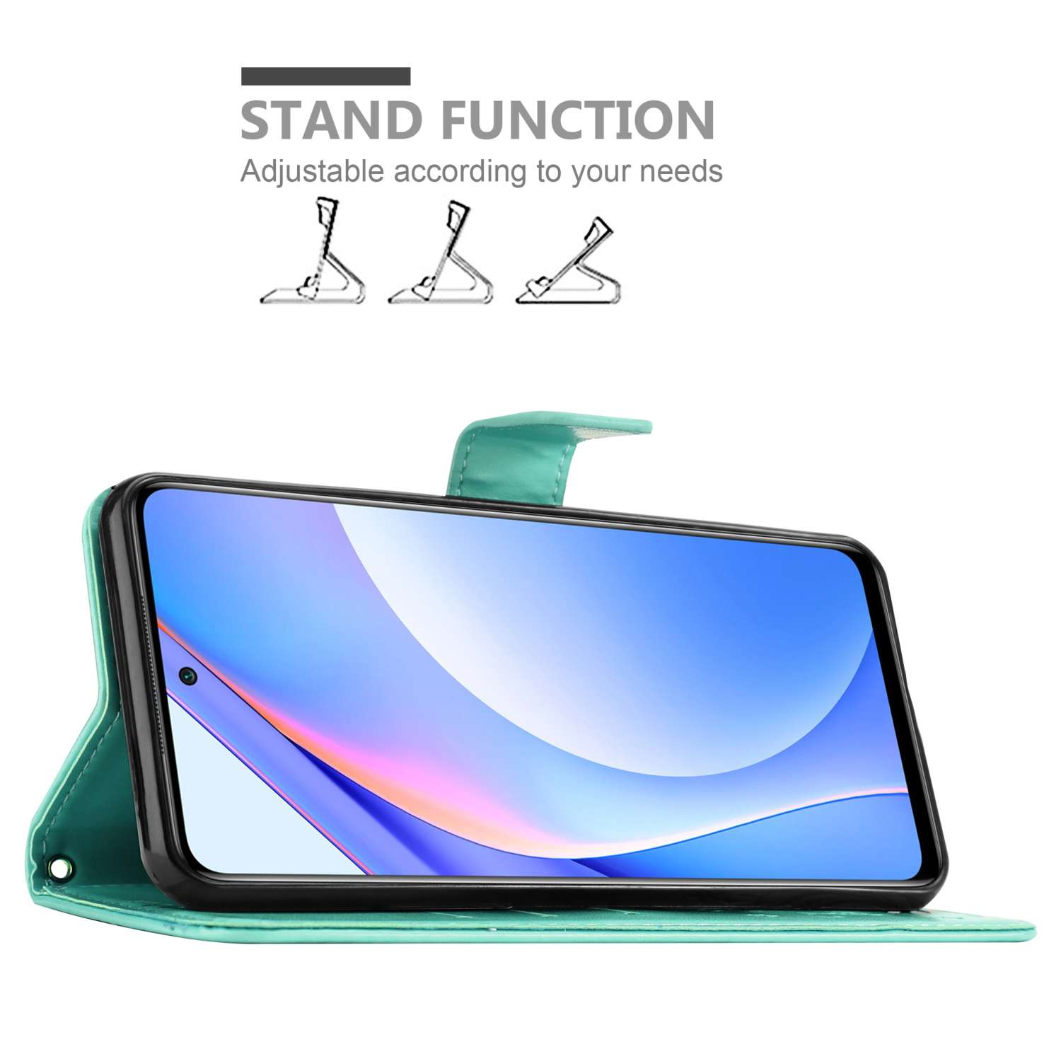 Una custodia per telefono con funzione stand. Ha tre posizioni di supporto e mostra uno schermo del telefono.