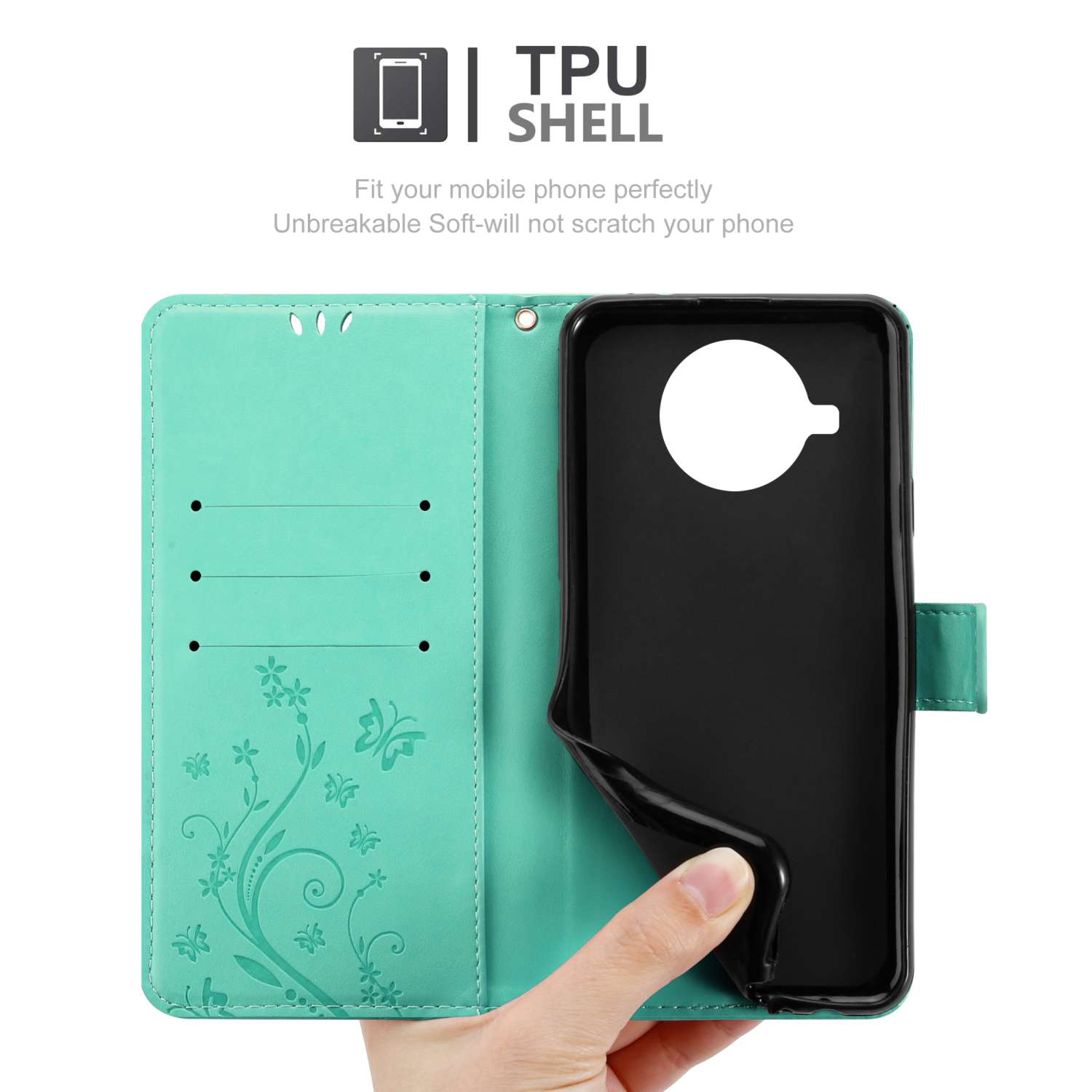 Una custodia per telefono verde acqua con un telefono nero all'interno. Ci sono fessure per le carte.