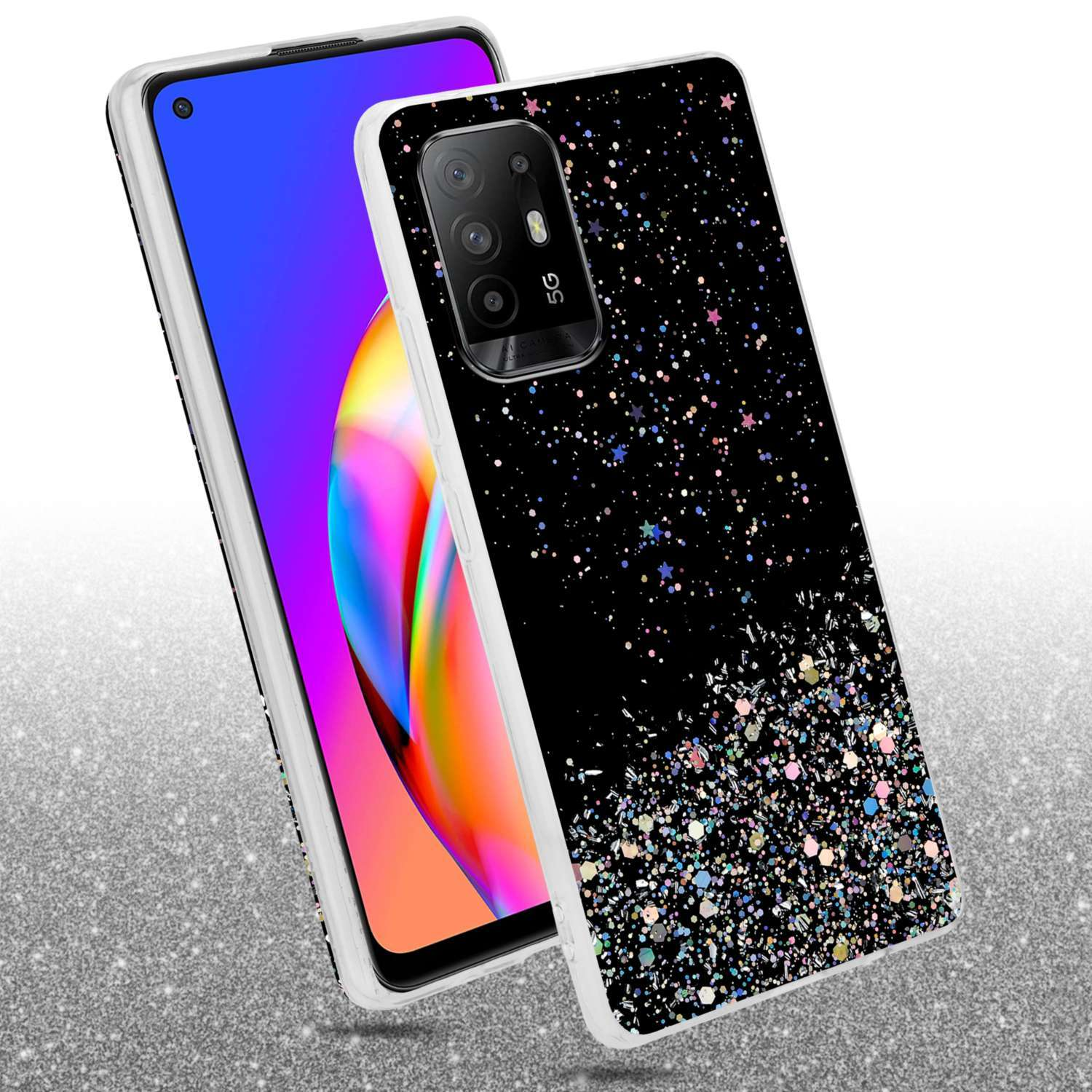 Schwarze Glitzer-Handyhülle mit buntem Glitzer, Telefon mit blauem und lila Hintergrund.