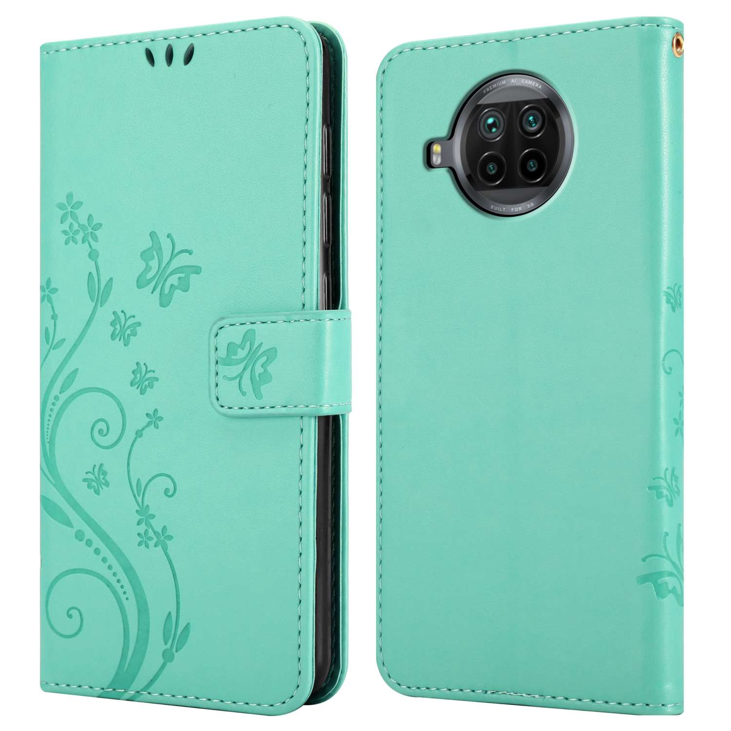 Custodia a portafoglio verde menta con design floreale e farfalle. Telefono a destra.