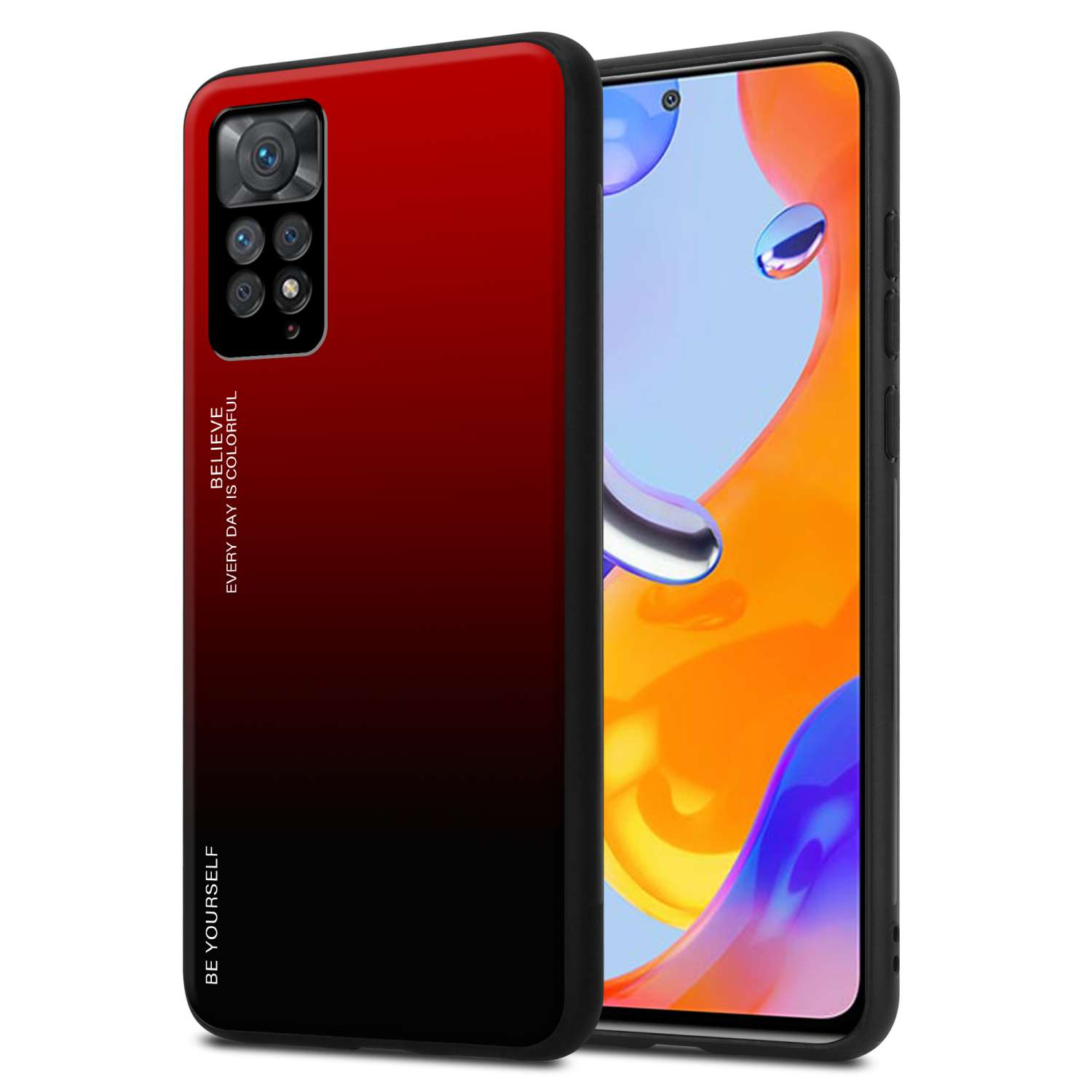 Custodia per telefono sfumata rosso-nero con telefono all'interno. Testo: Believe, Every Day is Colorful, Be Yourself.